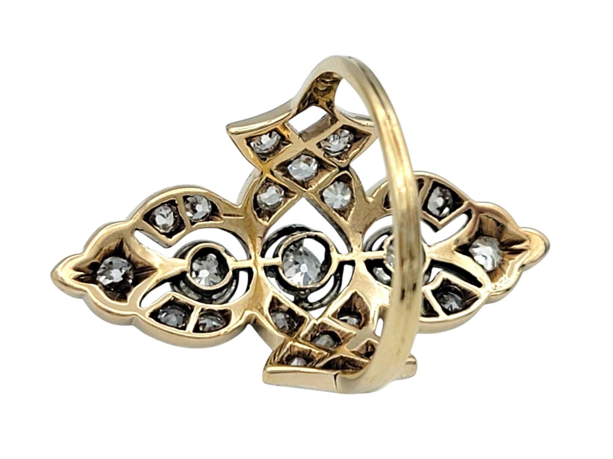 Women's Antique Old European Cut Diamond Navette Ring in 14 Karat Yellow and White Gold For Sale