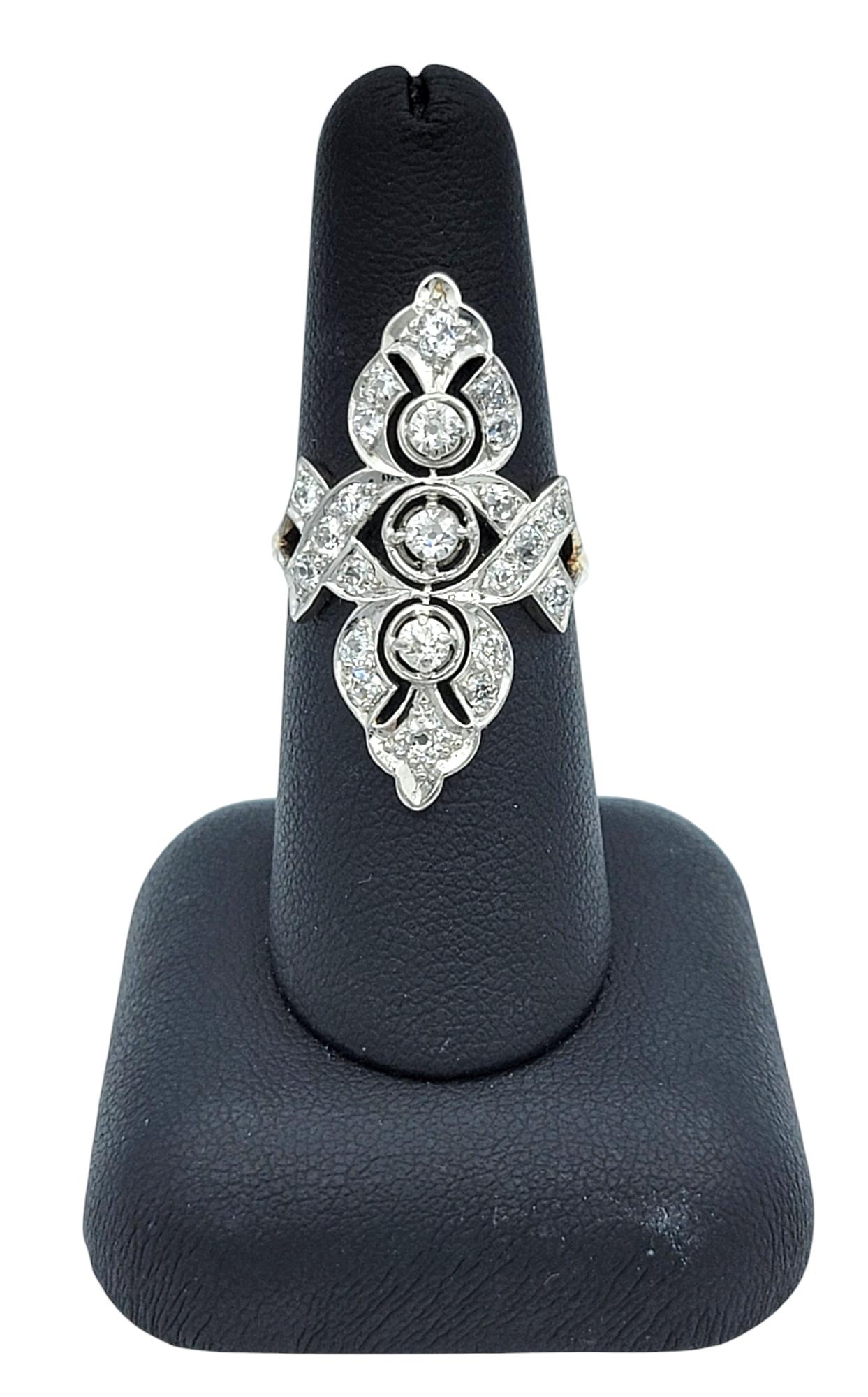 Antique Old European Cut Diamond Navette Ring in 14 Karat Yellow and White Gold For Sale 2