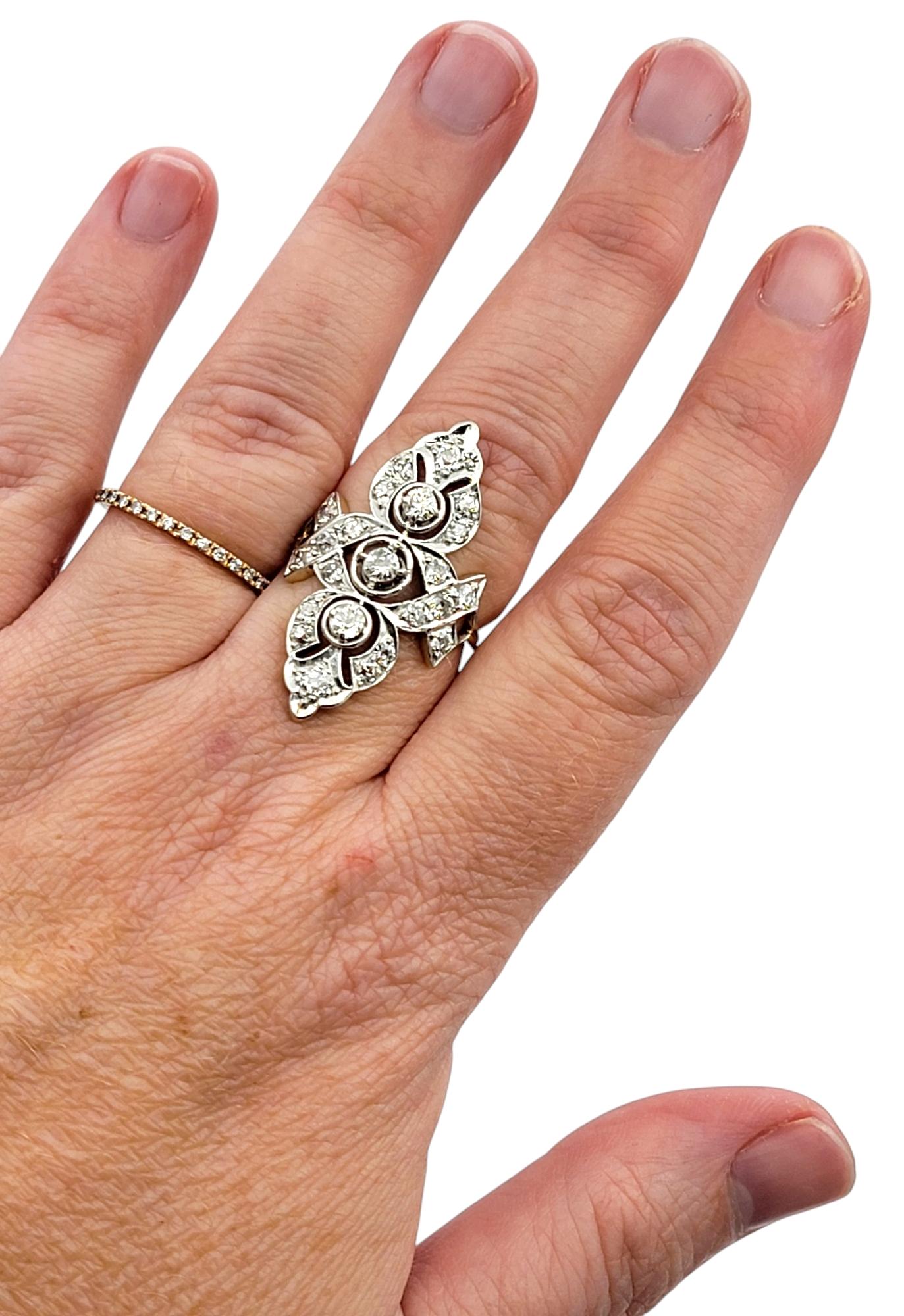 Antique Old European Cut Diamond Navette Ring in 14 Karat Yellow and White Gold For Sale 4