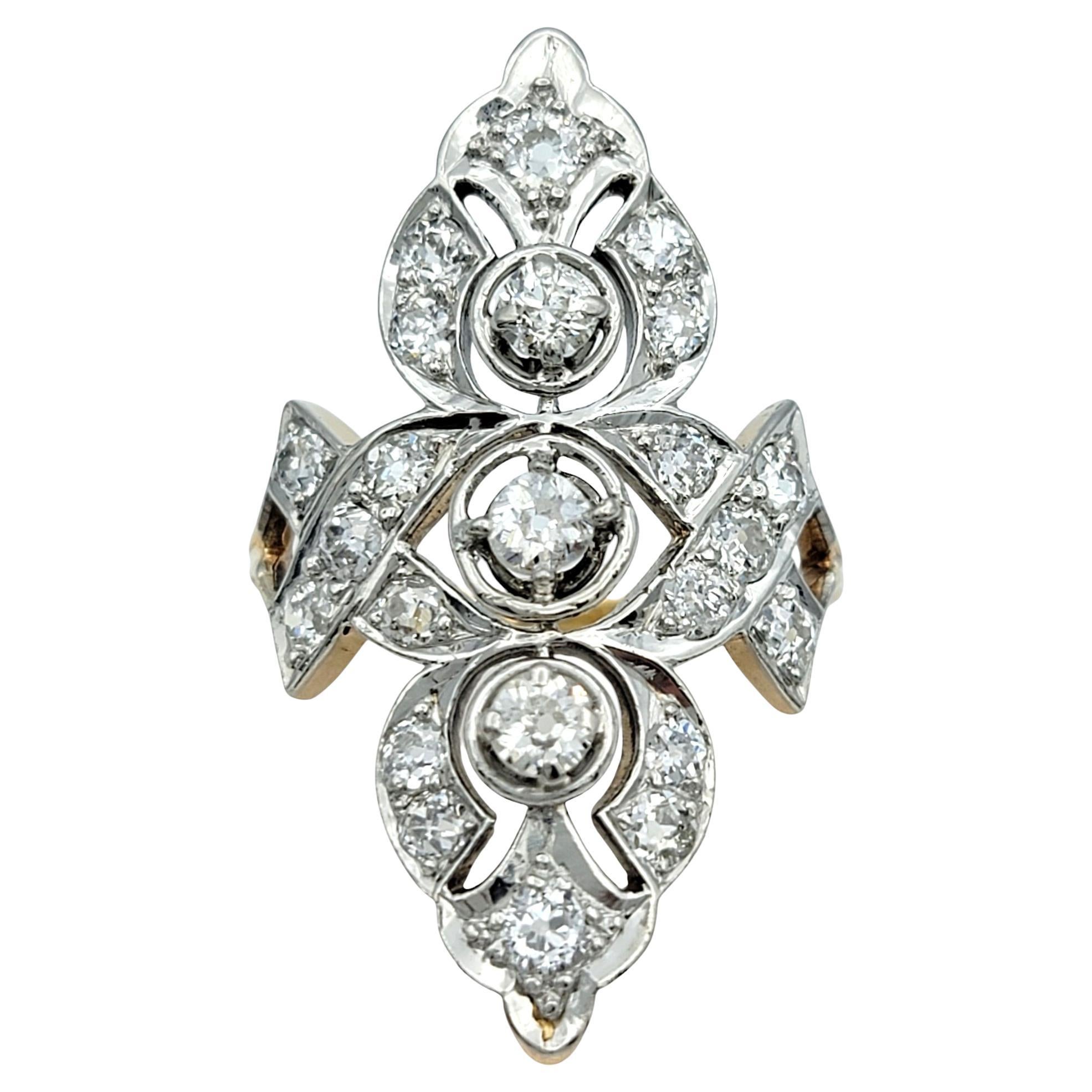 Antique Old European Cut Diamond Navette Ring in 14 Karat Yellow and White Gold