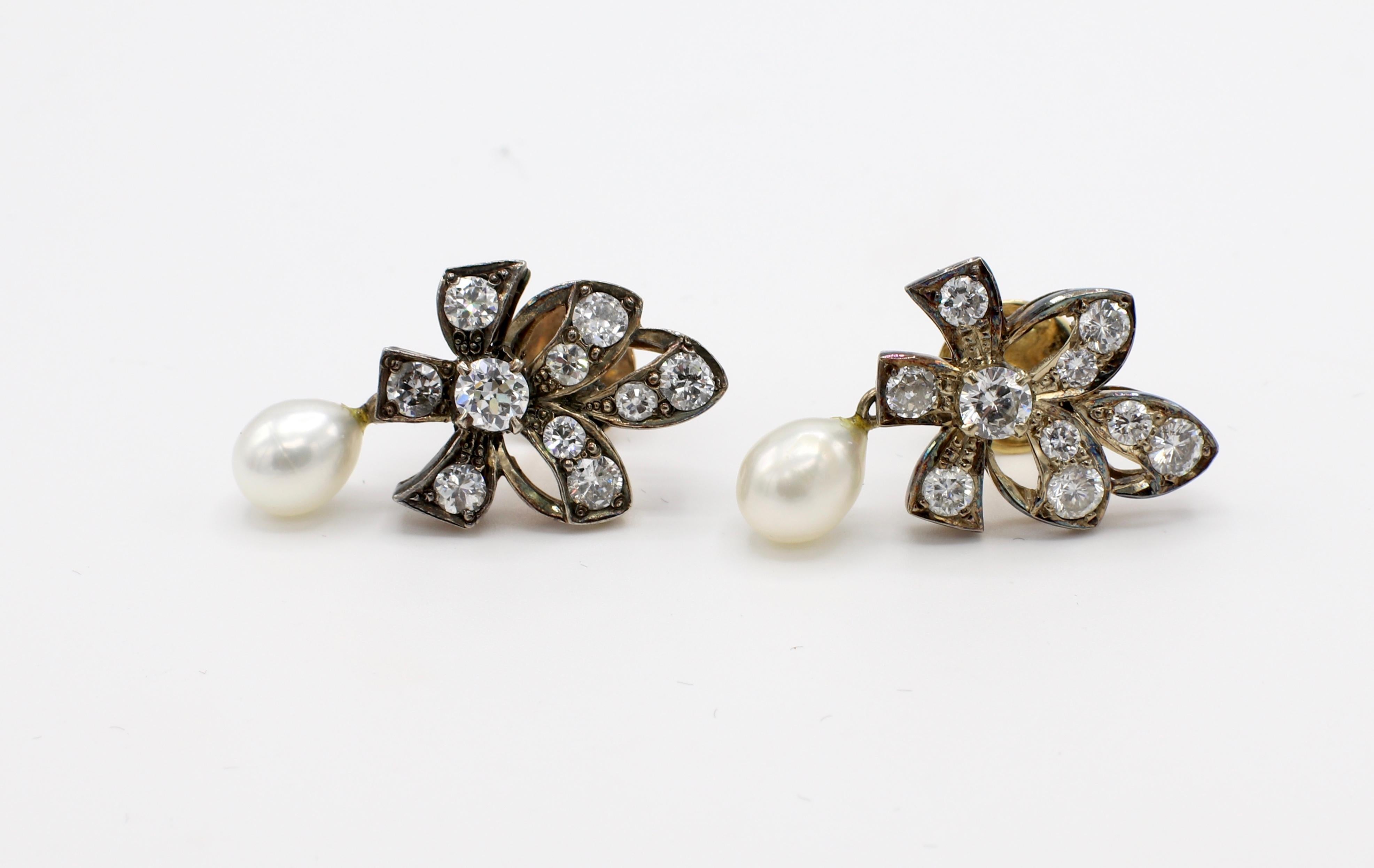 Antique 14K Yellow Gold Old European Cut 2.45 CTW Diamond & Pearl Drop Earrings 

Metal: 14K Yellow Gold
Weight: 9.3 grams
Diamonds: Approx. 2.45 CTW Old European cut and mine cut diamonds H-I VS-SI
Pearls: 
Length: 1.18
