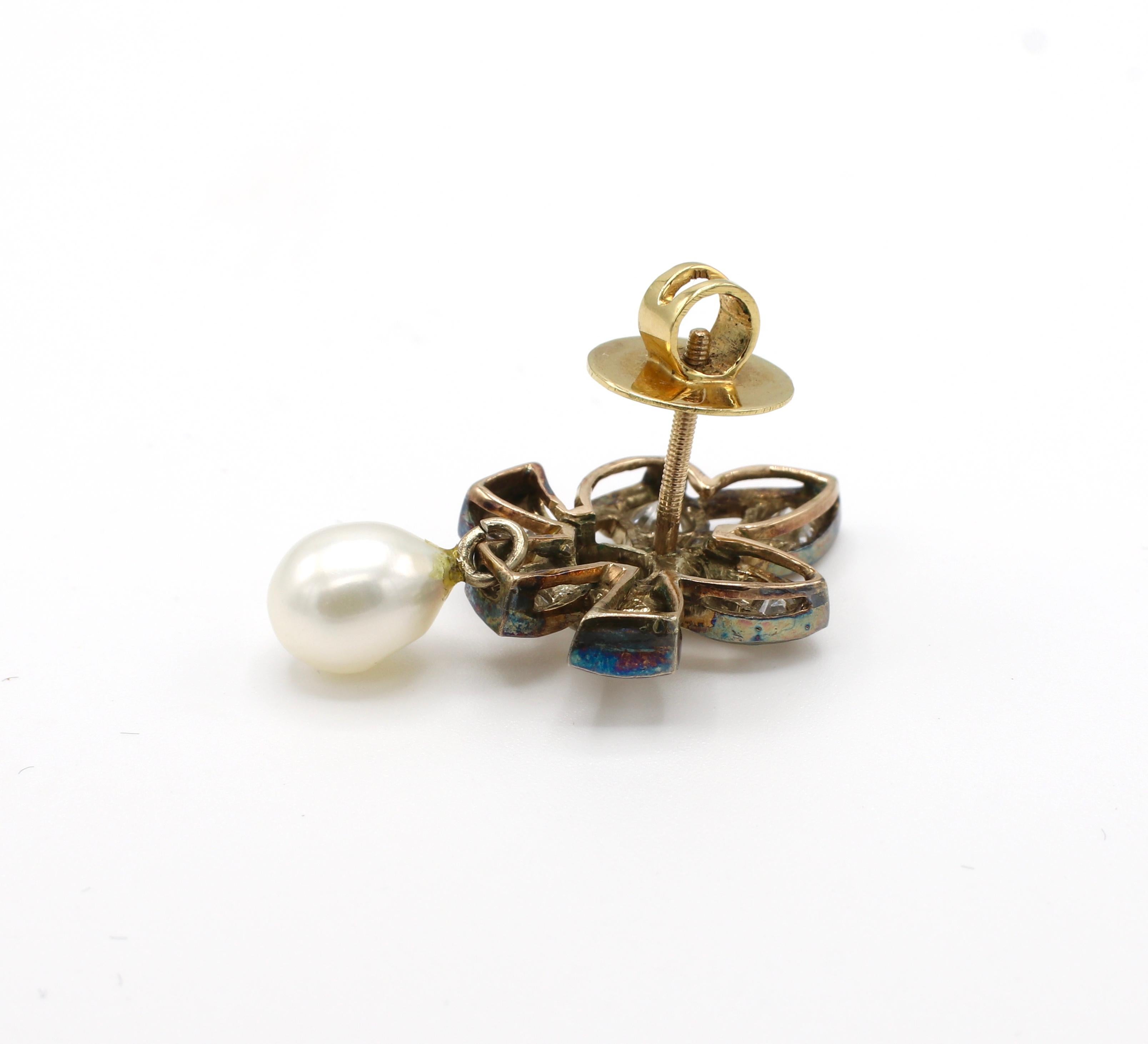 Women's or Men's Antique Old European Cut Diamond and Pearl Drop Earrings