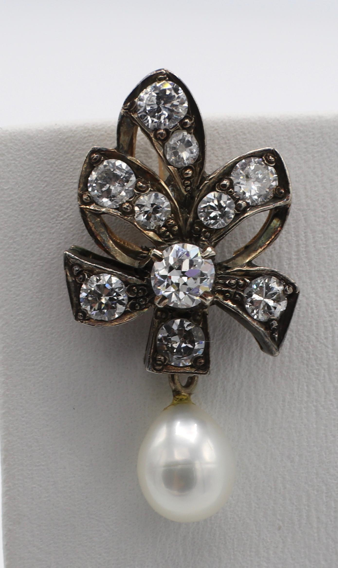 Antique Old European Cut Diamond and Pearl Drop Earrings 1