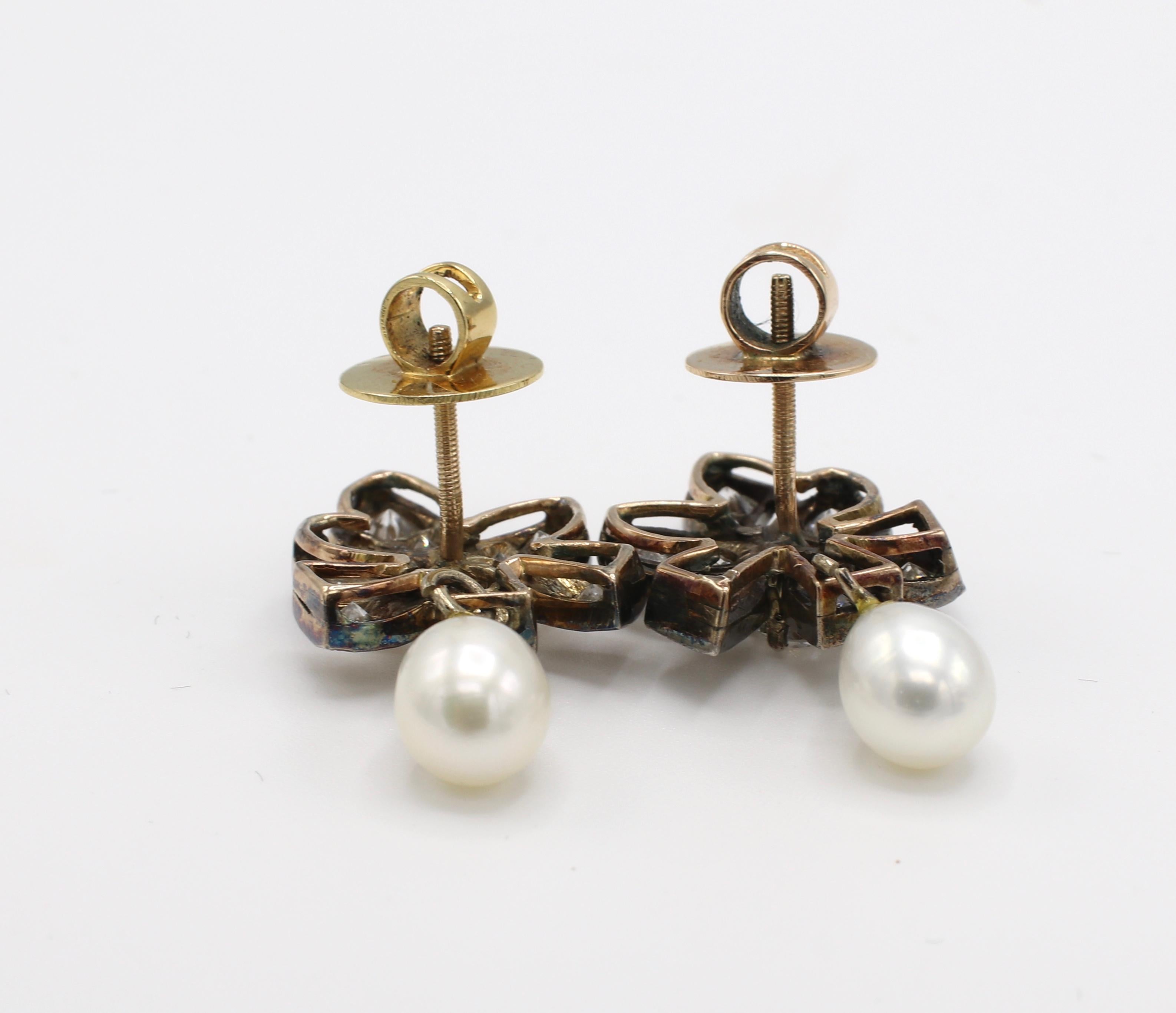 Antique Old European Cut Diamond and Pearl Drop Earrings 2