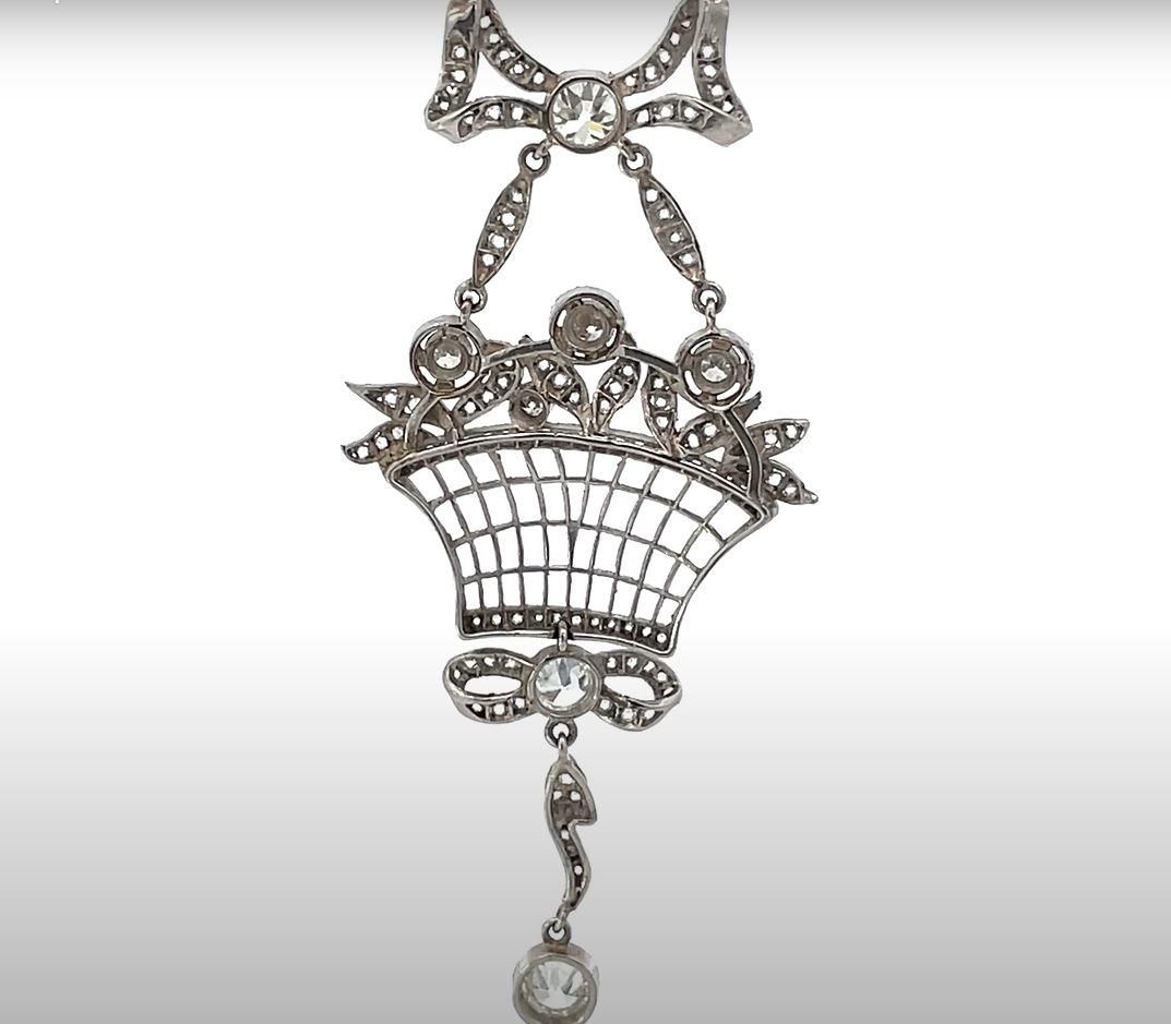 Women's Antique Old European Cut Diamond Pendant Bow Motif Necklace, Platinum For Sale