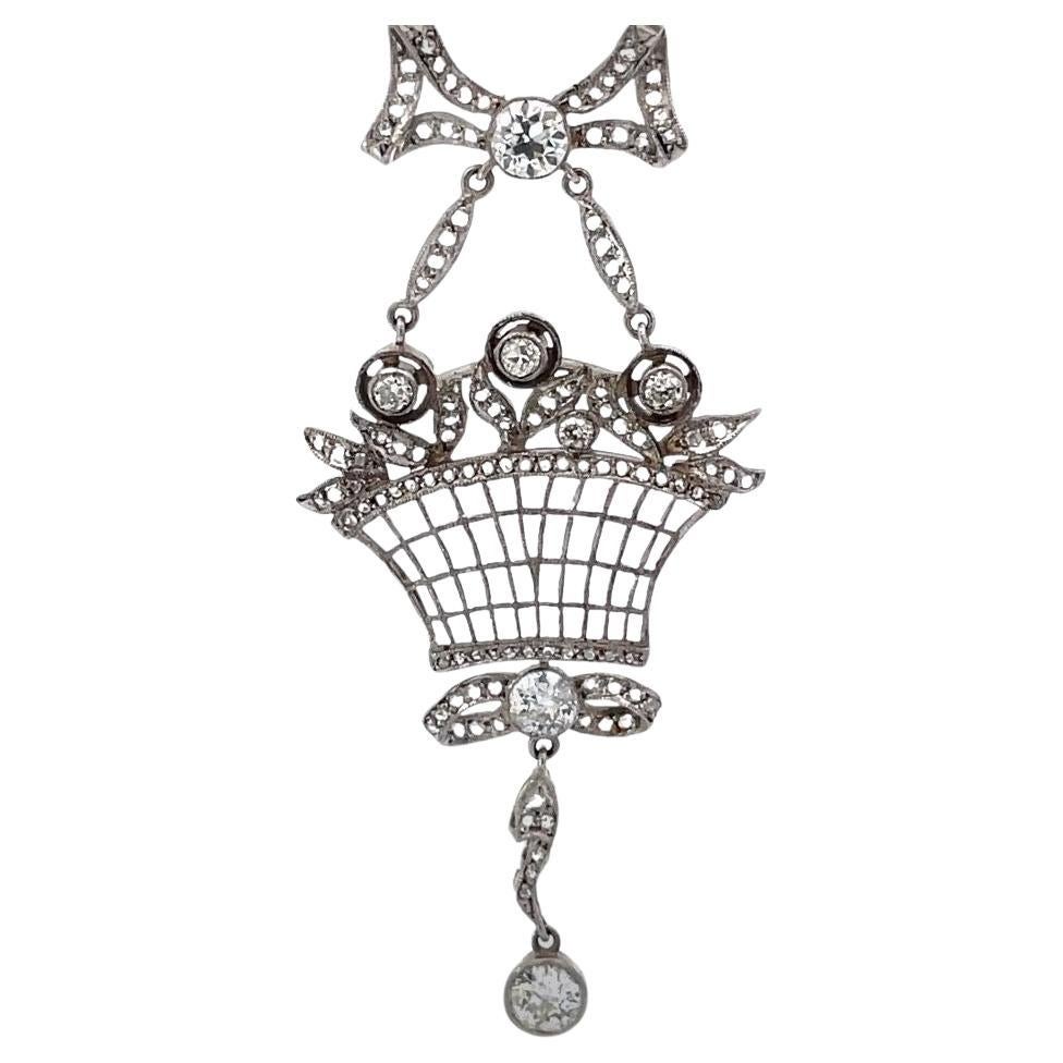 Antique Old European Cut Diamond Pendant Bow Motif Necklace, Platinum For Sale