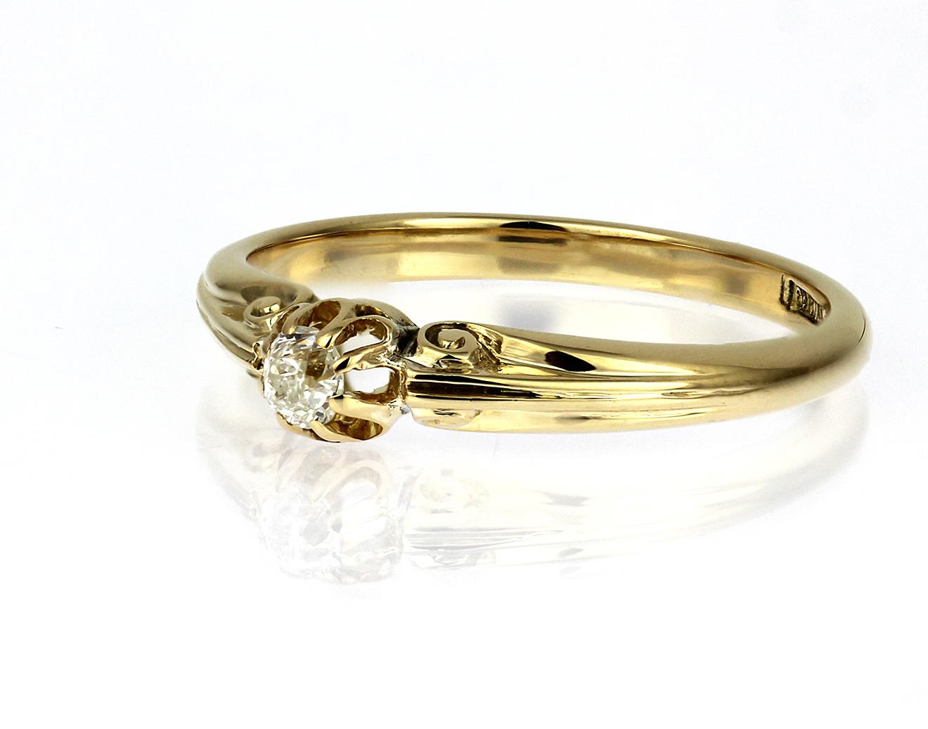 Women's Antique Old European Cut Diamond Ring, Handmade in 18-K Yellow Gold 