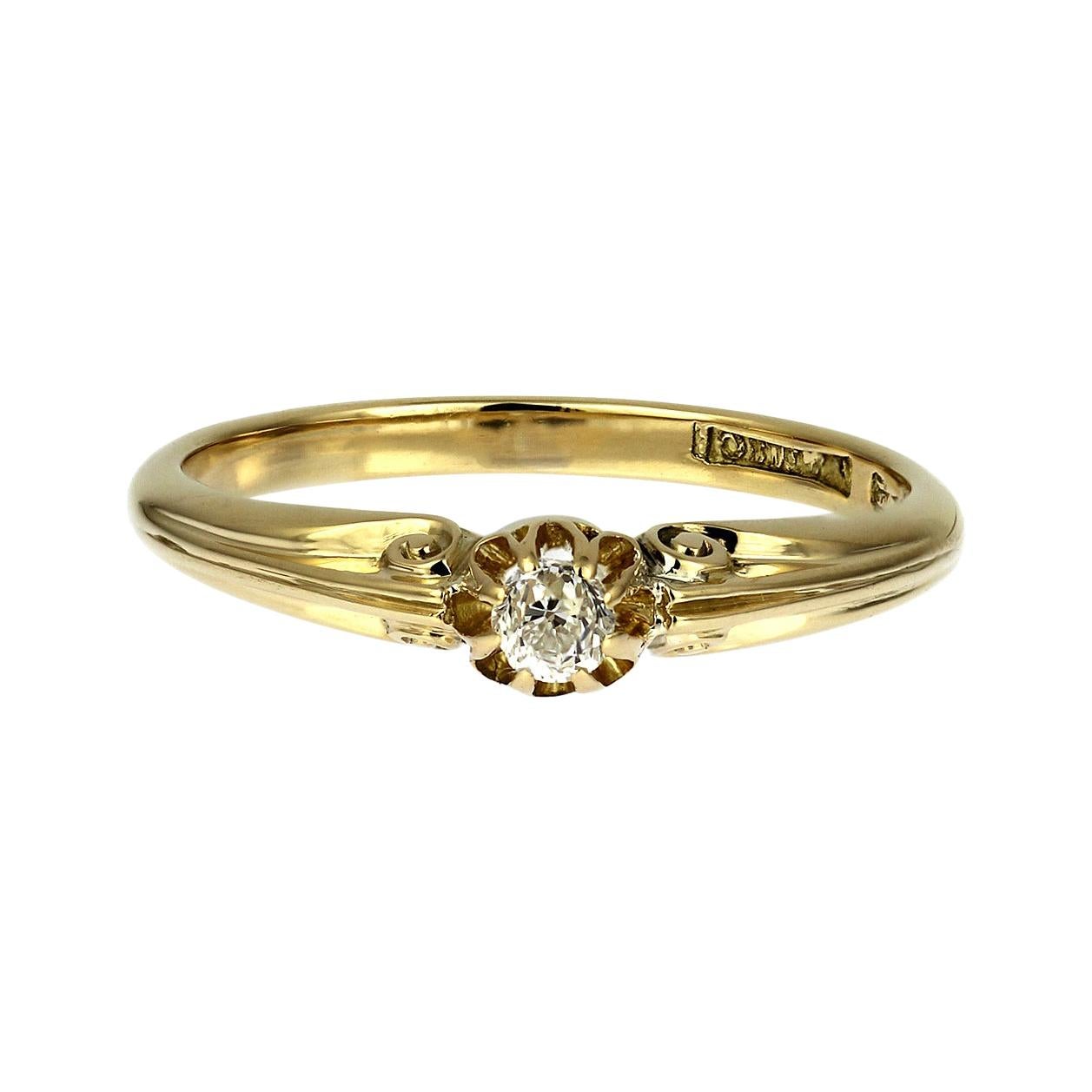 Antique Old European Cut Diamond Ring, Handmade in 18-K Yellow Gold 