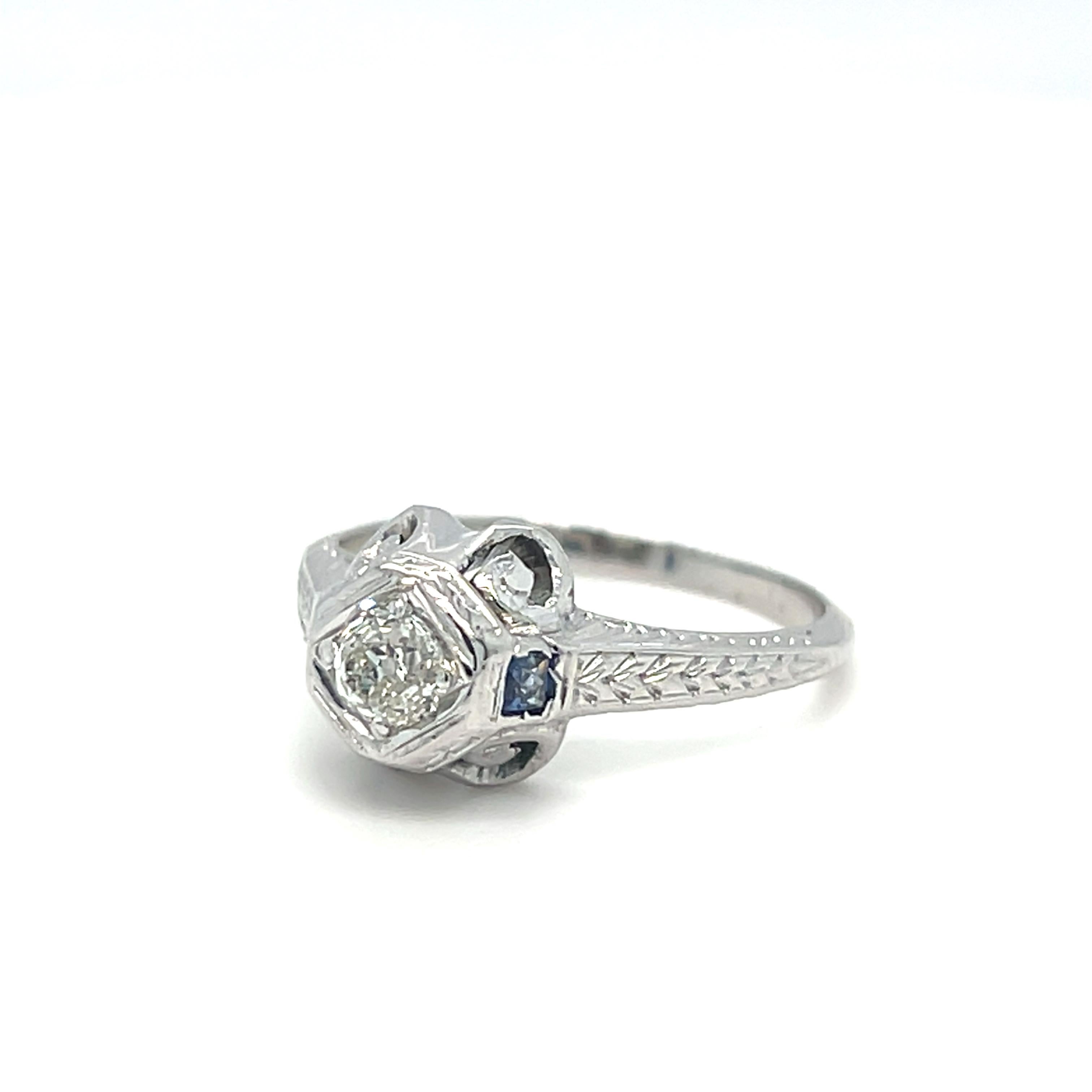 Antique Old European Cut Diamond Ring with Sapphire In Excellent Condition For Sale In beverly hills, CA