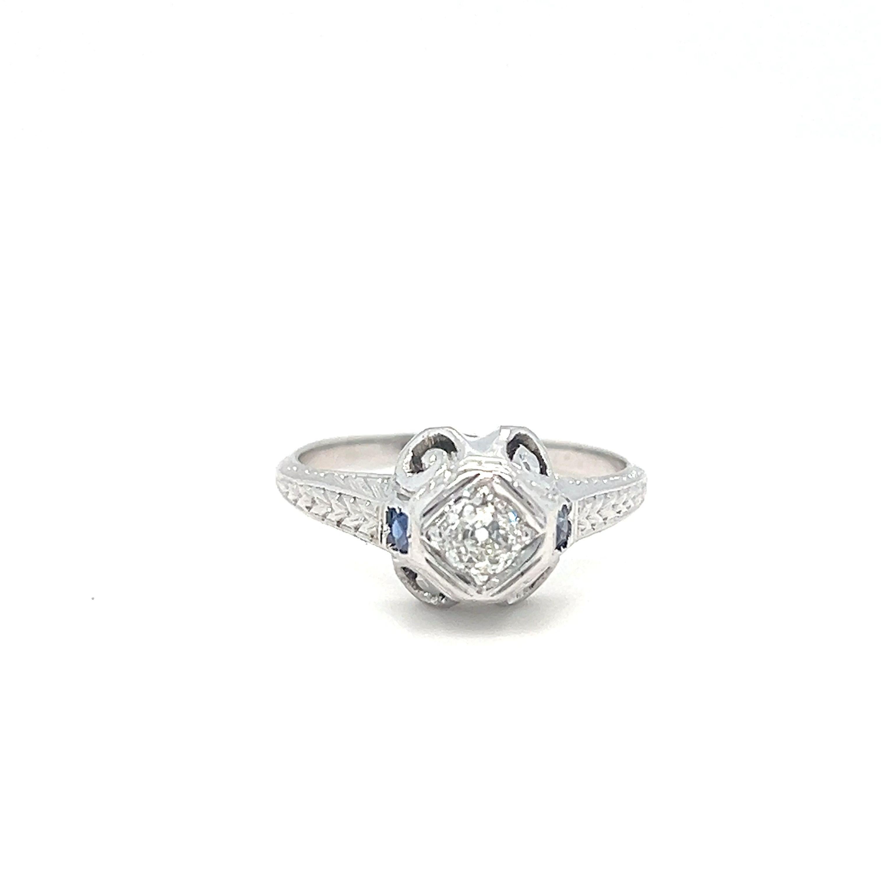 Women's Antique Old European Cut Diamond Ring with Sapphire For Sale