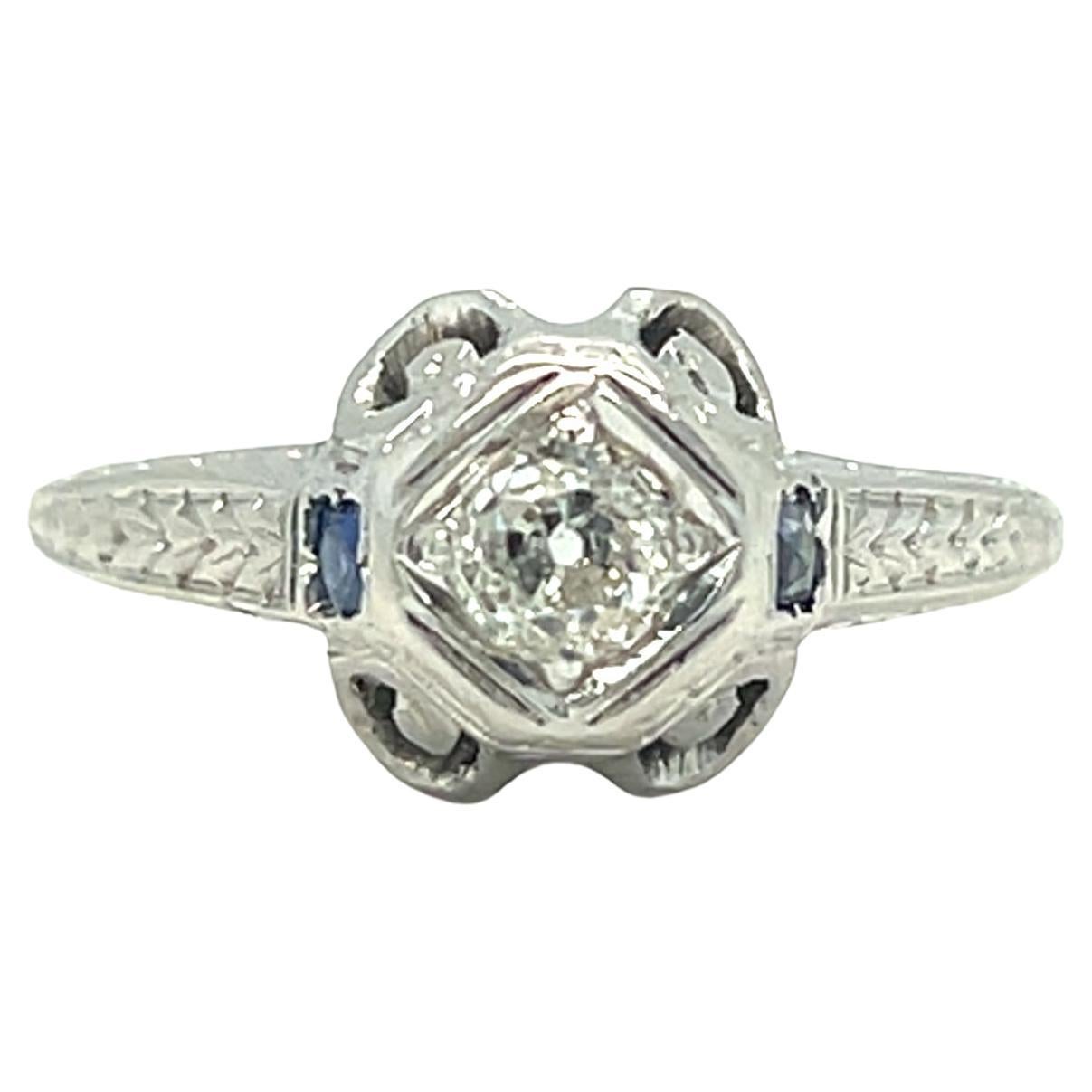 Antique Old European Cut Diamond Ring with Sapphire For Sale