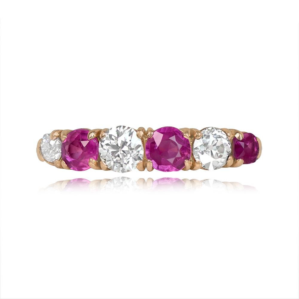 An antique six-stone ring with old European cut diamonds and round cut rubies set in prongs. Total diamond weight: 1.10 carats, total ruby weight: 1.10 carats. Handcrafted in 18k yellow gold during the Victorian era, circa 1860.


Ring Size: 6.5 US,
