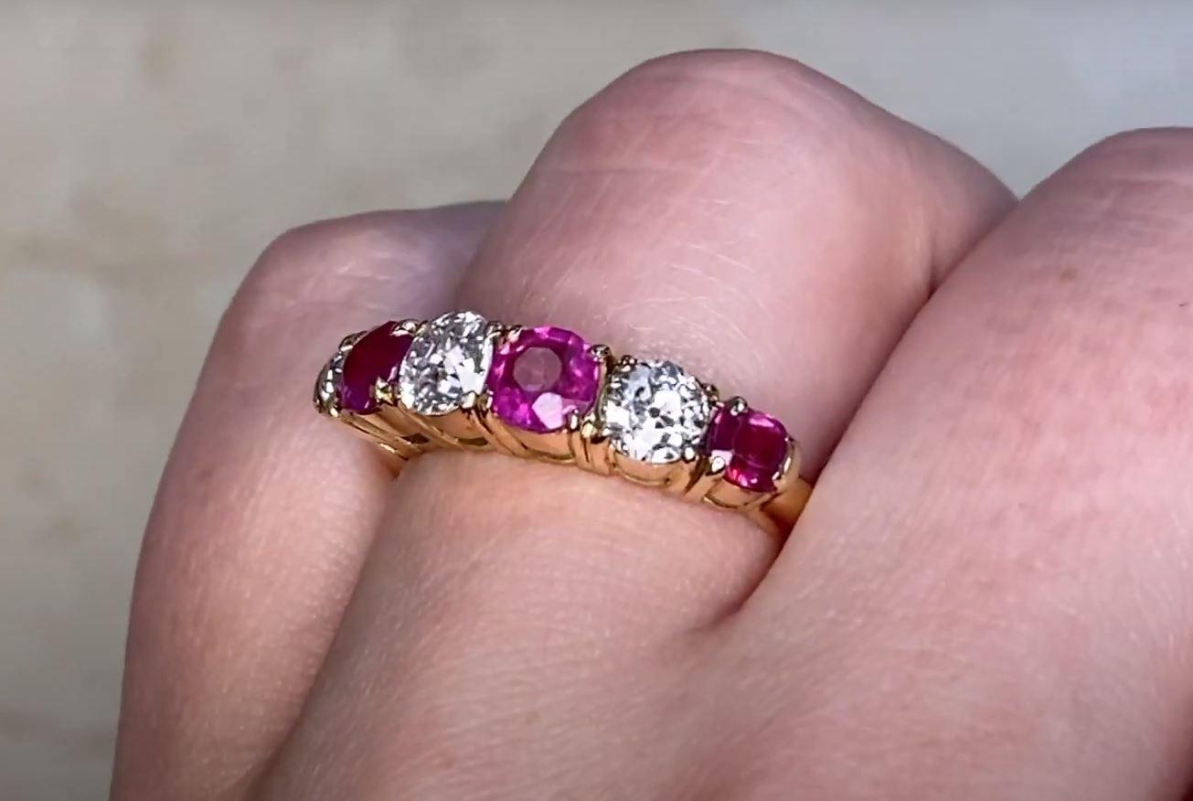 Antique Old European Cut Diamond & Round Cut Rubies Engagement, 18k Yellow Gold For Sale 1