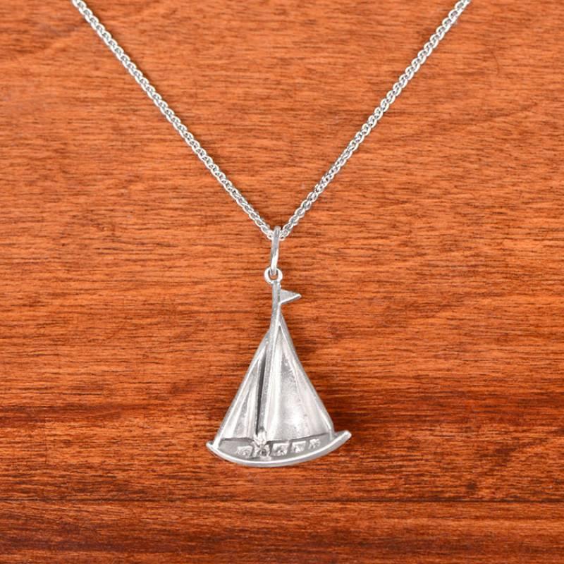 Art Deco Antique Old European Cut Diamond Sailboat Charm Pendant Necklace, Platinum For Sale