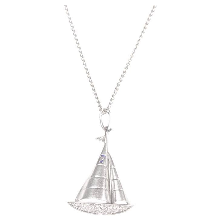 Antique Old European Cut Diamond Sailboat Charm Pendant Necklace, Platinum For Sale