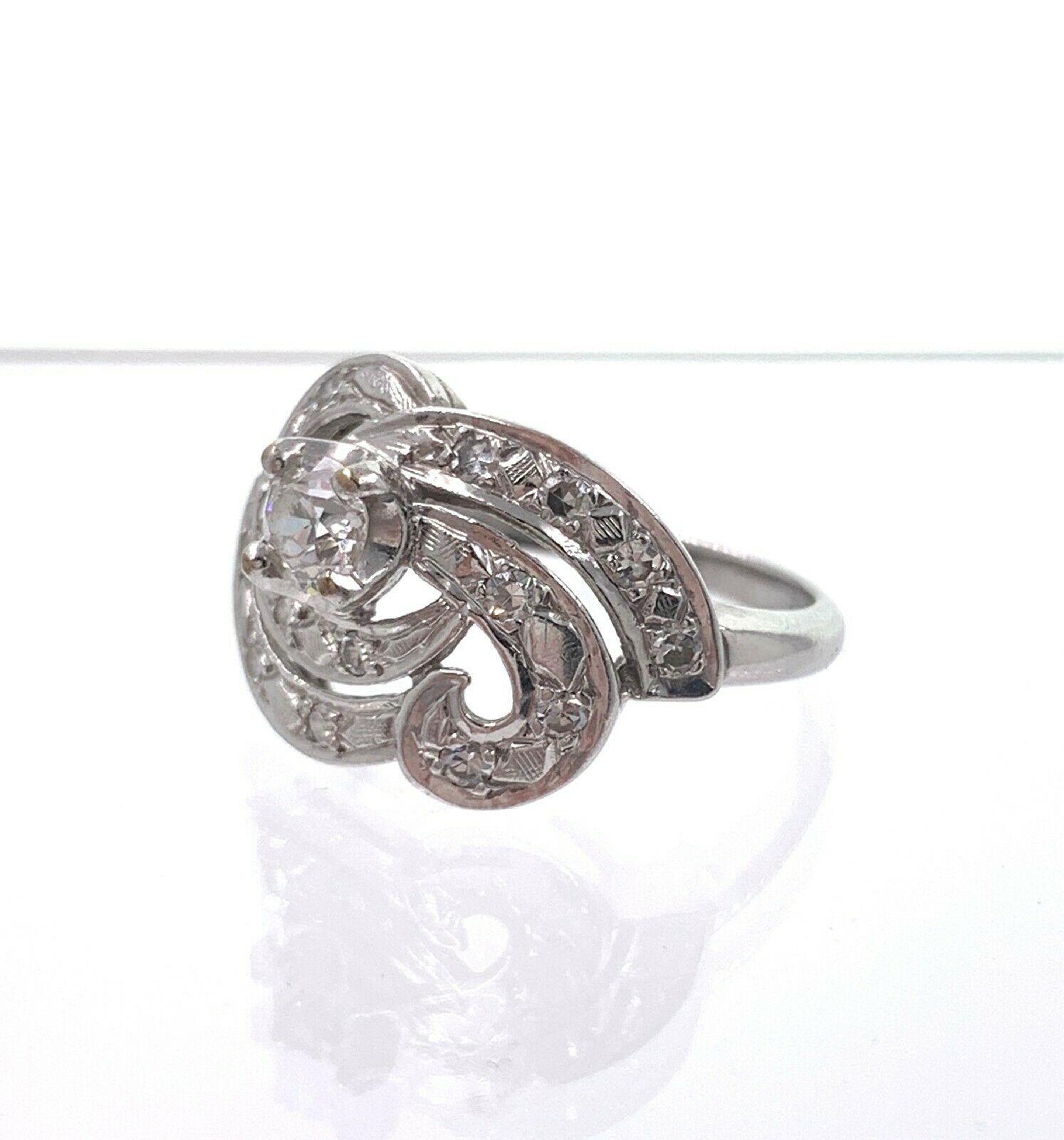 Women's Antique Old European Cut Diamond Swirl Ring 14 Karat White Gold For Sale