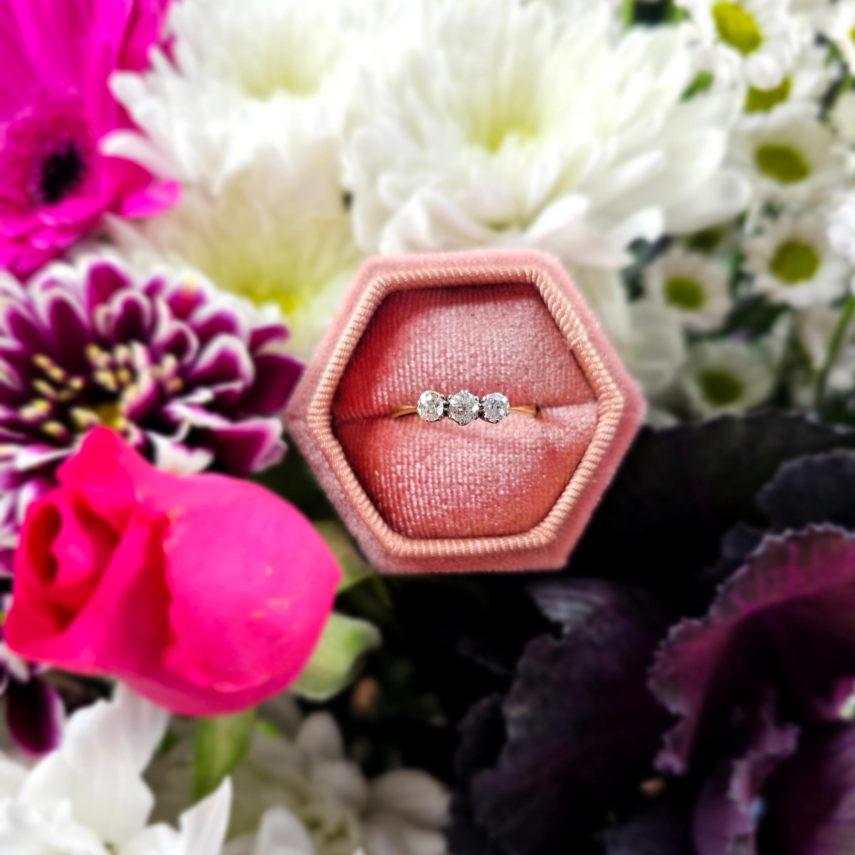 Edwardian Antique Old European Cut Diamond Trilogy Ring 18k Gold  Engagement Ring For Sale