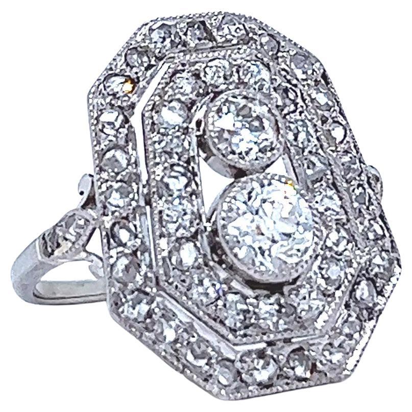 Women's or Men's Antique Old European Cut Diamond 14 Karat White Gold Double Halo Ring