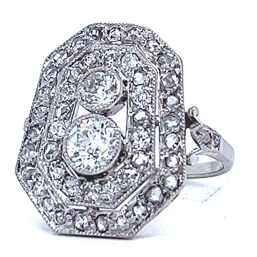 Antique Old European Cut Diamond 14 Karat White Gold Double Halo Ring 1