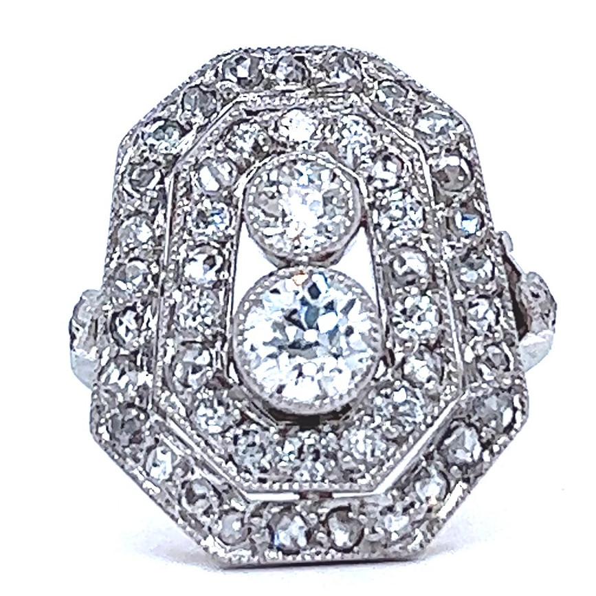 Antique Old European Cut Diamond 14 Karat White Gold Double Halo Ring
