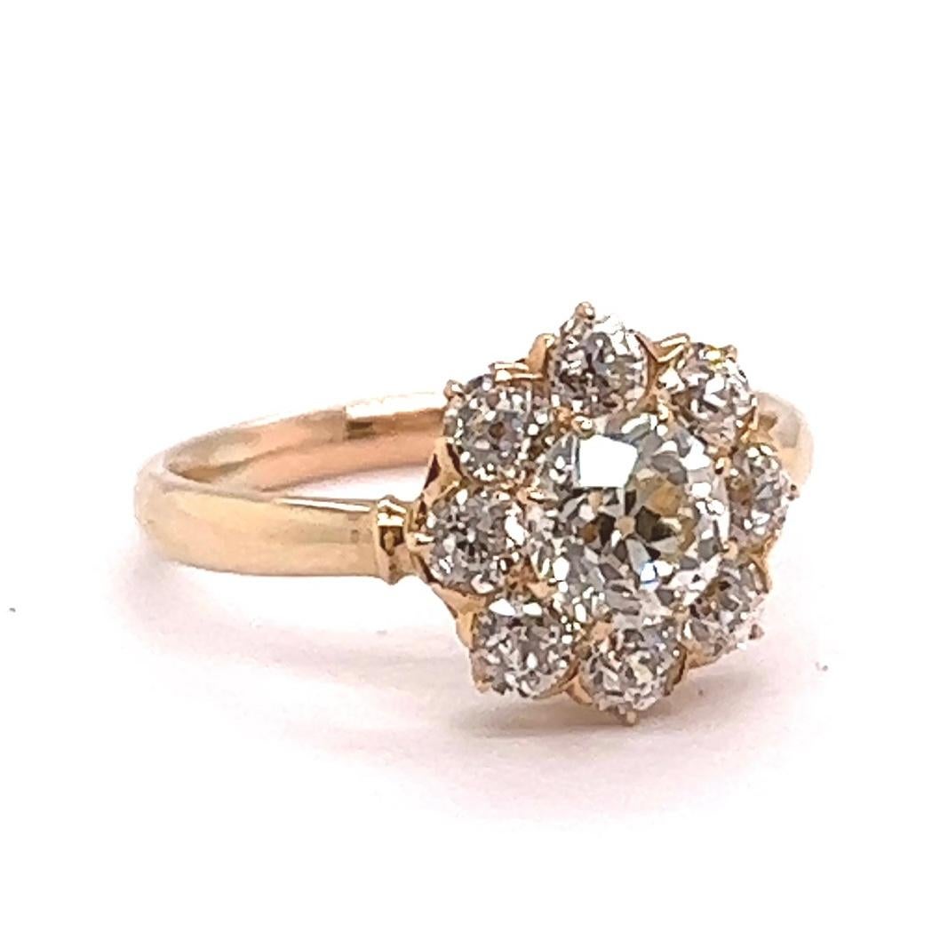 Antique 0.90 Carat Old European Cut Diamond Yellow Gold Cluster Engagement Ring In Excellent Condition In Beverly Hills, CA