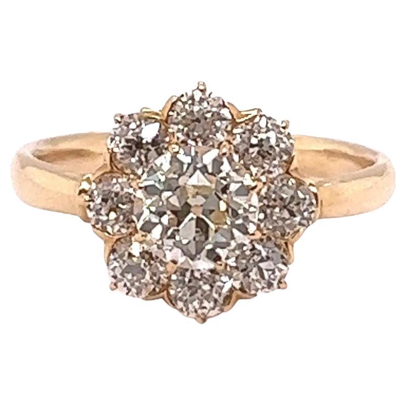 Antique Old European Cut Diamond Yellow Gold Cluster Engagement Ring