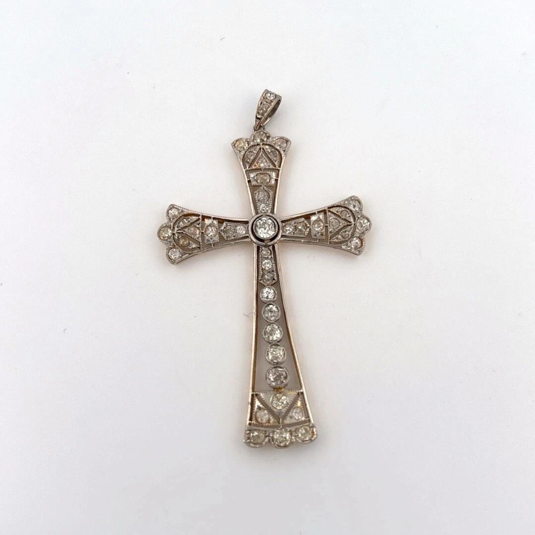 Art Deco Antique Old European Cut Diamonds .80ctw 6.37 Grams 18K Gold Cross Pendant For Sale