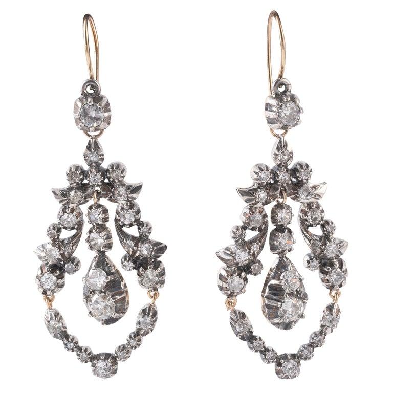 Taglio antico europeo Antique Old European Cut Diamonds Silver and Gold Earrings 1890 ca. in vendita