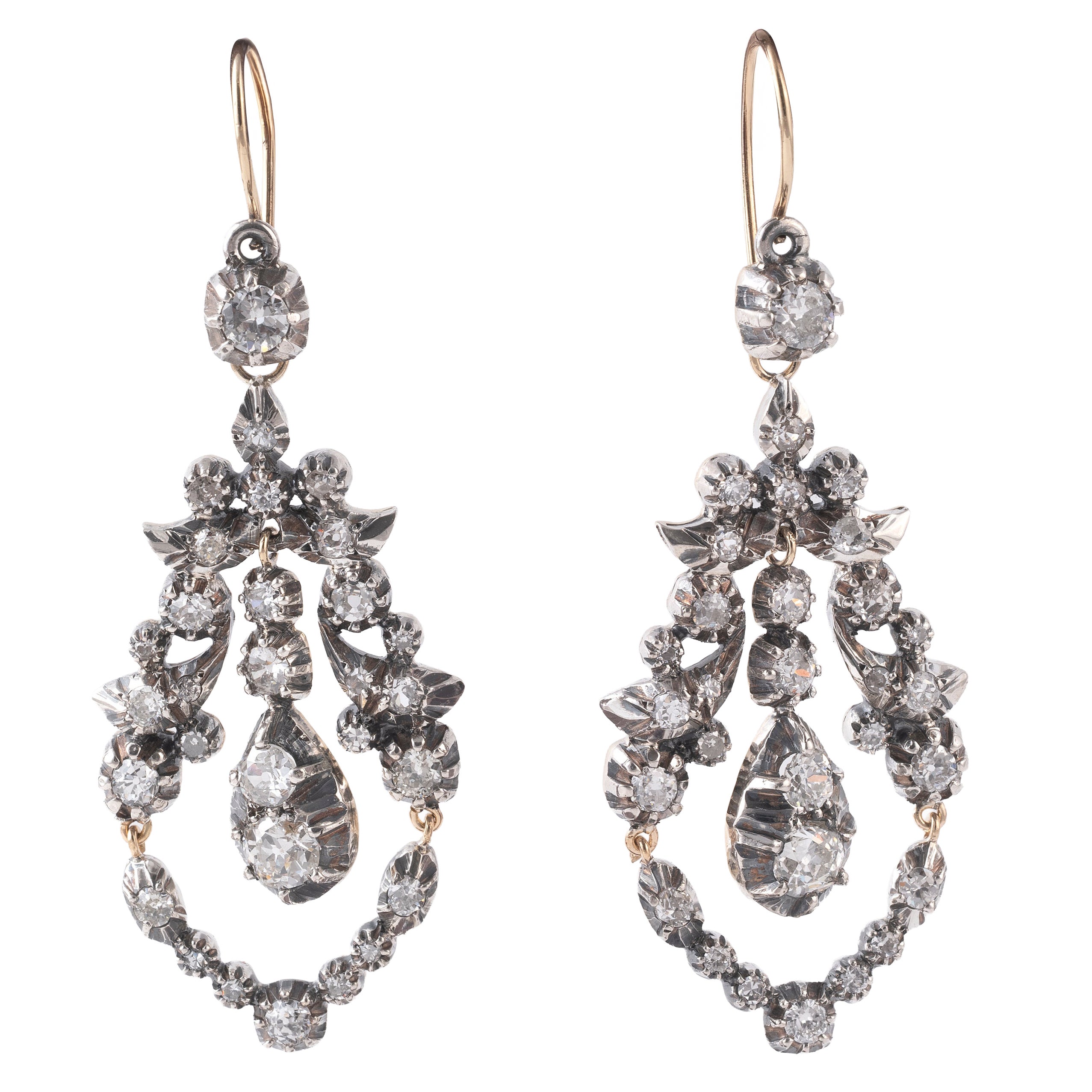 Antique Old European Cut Diamonds Silver and Gold Earrings 1890 ca.