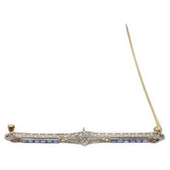 Antique Old European Cut Natural Diamond & Blue Sapphire Bar Pin Filigree Brooch