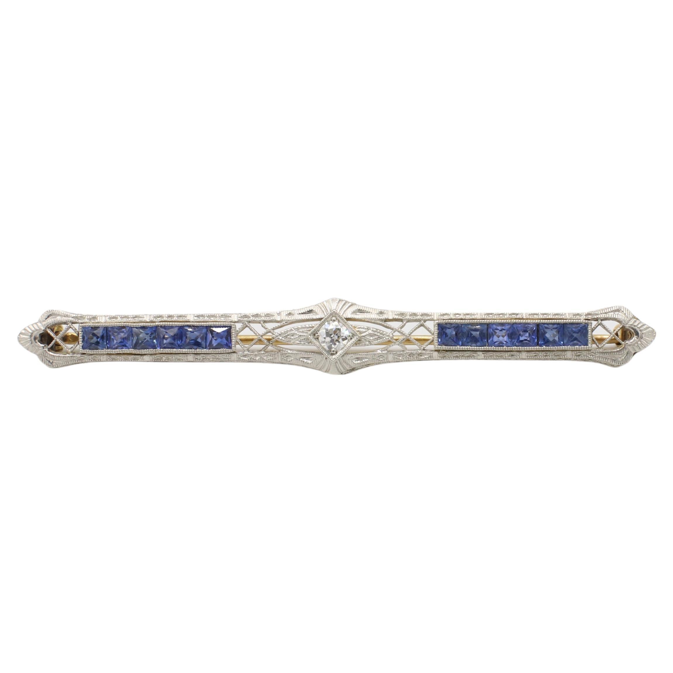 Antique Old European Cut Natural Diamond & Blue Sapphire Bar Pin Filigree Brooch