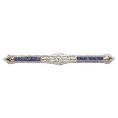 Antique Old European Cut Natural Diamond & Blue Sapphire Bar Pin Filigree Brooch