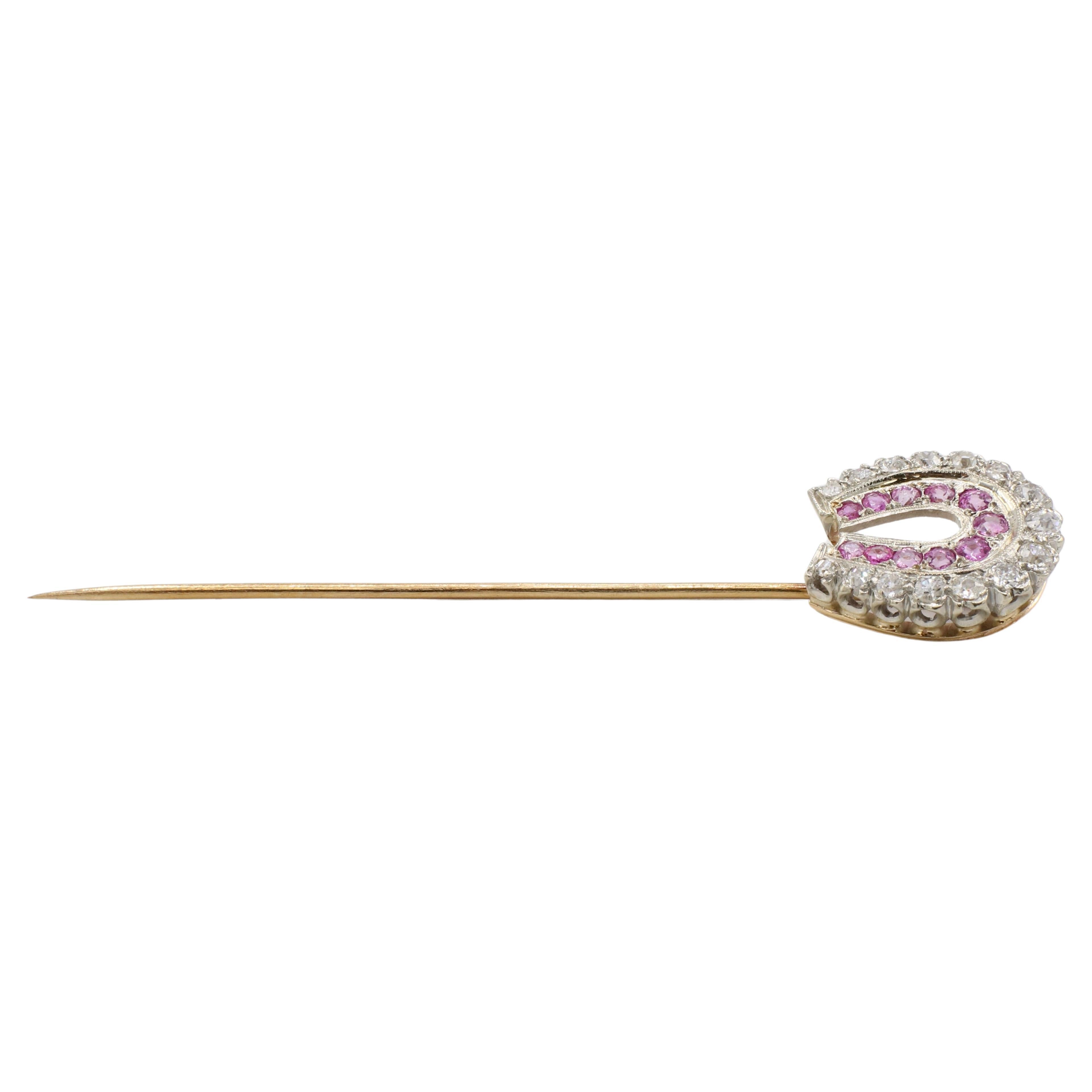 Edwardian Antique Old European Cut Natural Diamond & Pink Sapphire Horseshoe Stick Pin For Sale
