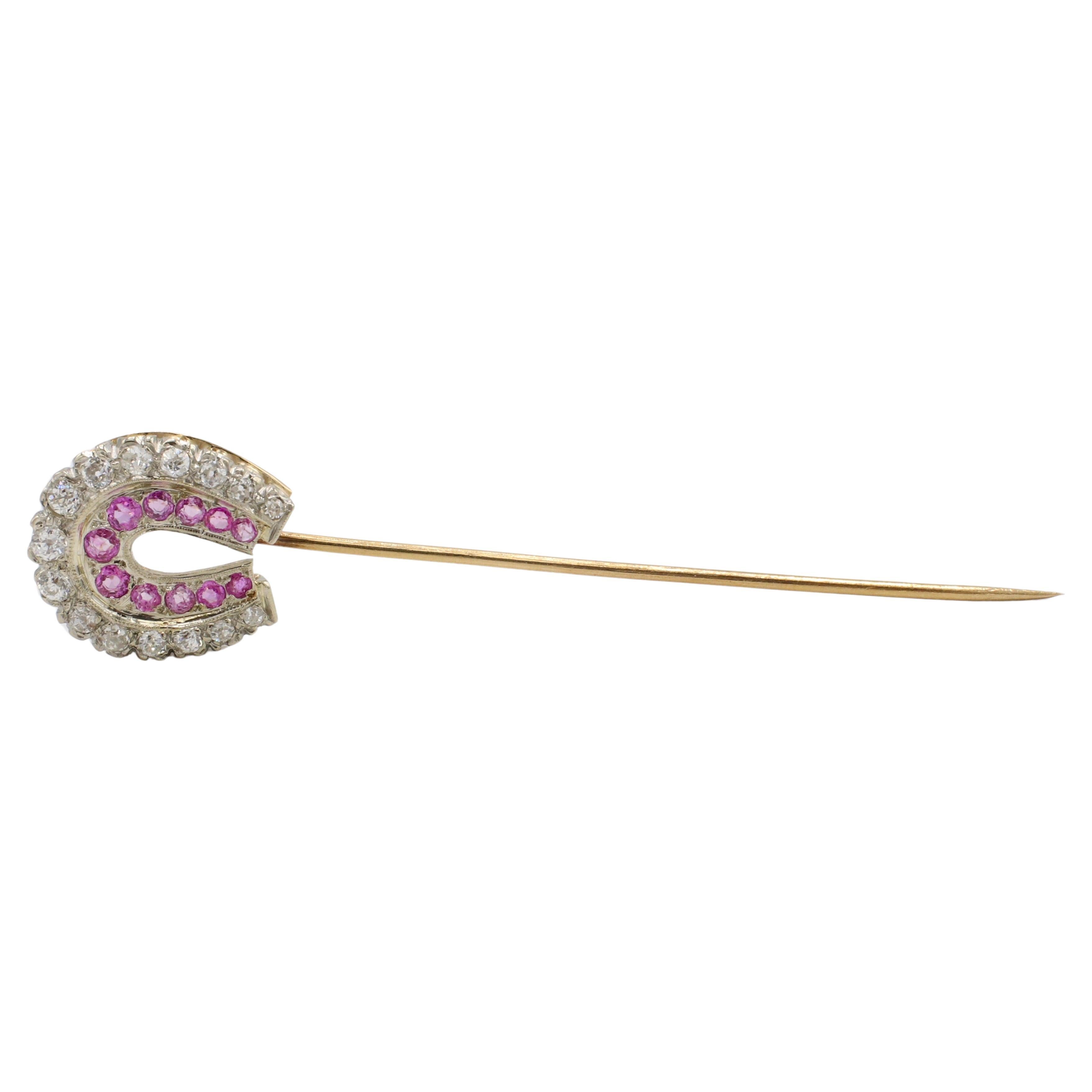 Antique Old European Cut Natural Diamond & Pink Sapphire Horseshoe Stick Pin In Excellent Condition For Sale In  Baltimore, MD
