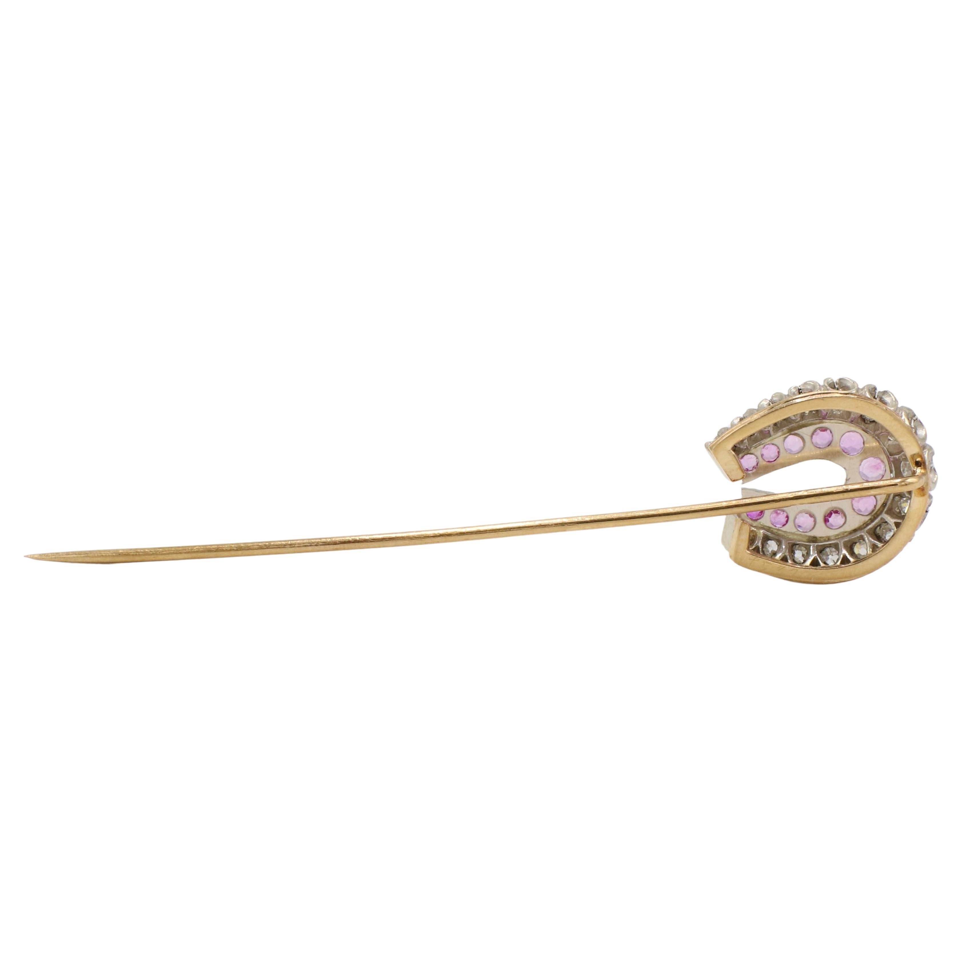 Women's or Men's Antique Old European Cut Natural Diamond & Pink Sapphire Horseshoe Stick Pin For Sale