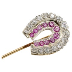 Antique Old European Cut Natural Diamond & Pink Sapphire Horseshoe Stick Pin