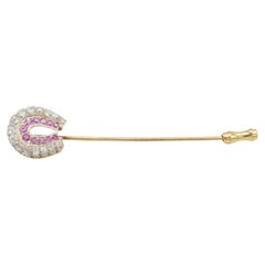 Antique Old European Cut Natural Diamond & Pink Sapphire Horseshoe Stick Pin