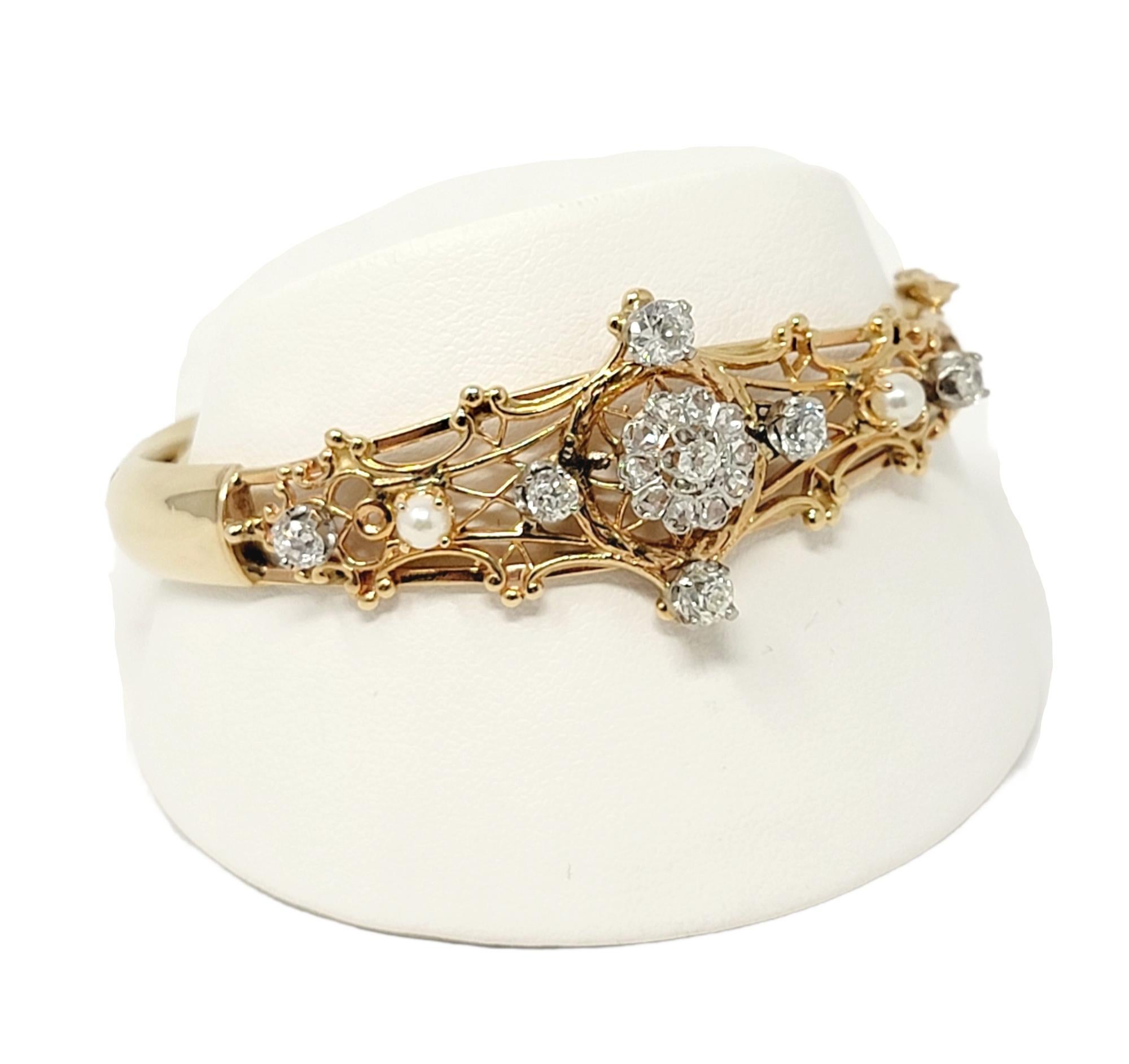 Antique Old European Diamond and Pearl Hinged Bangle Bracelet in 14 Karat Gold 6