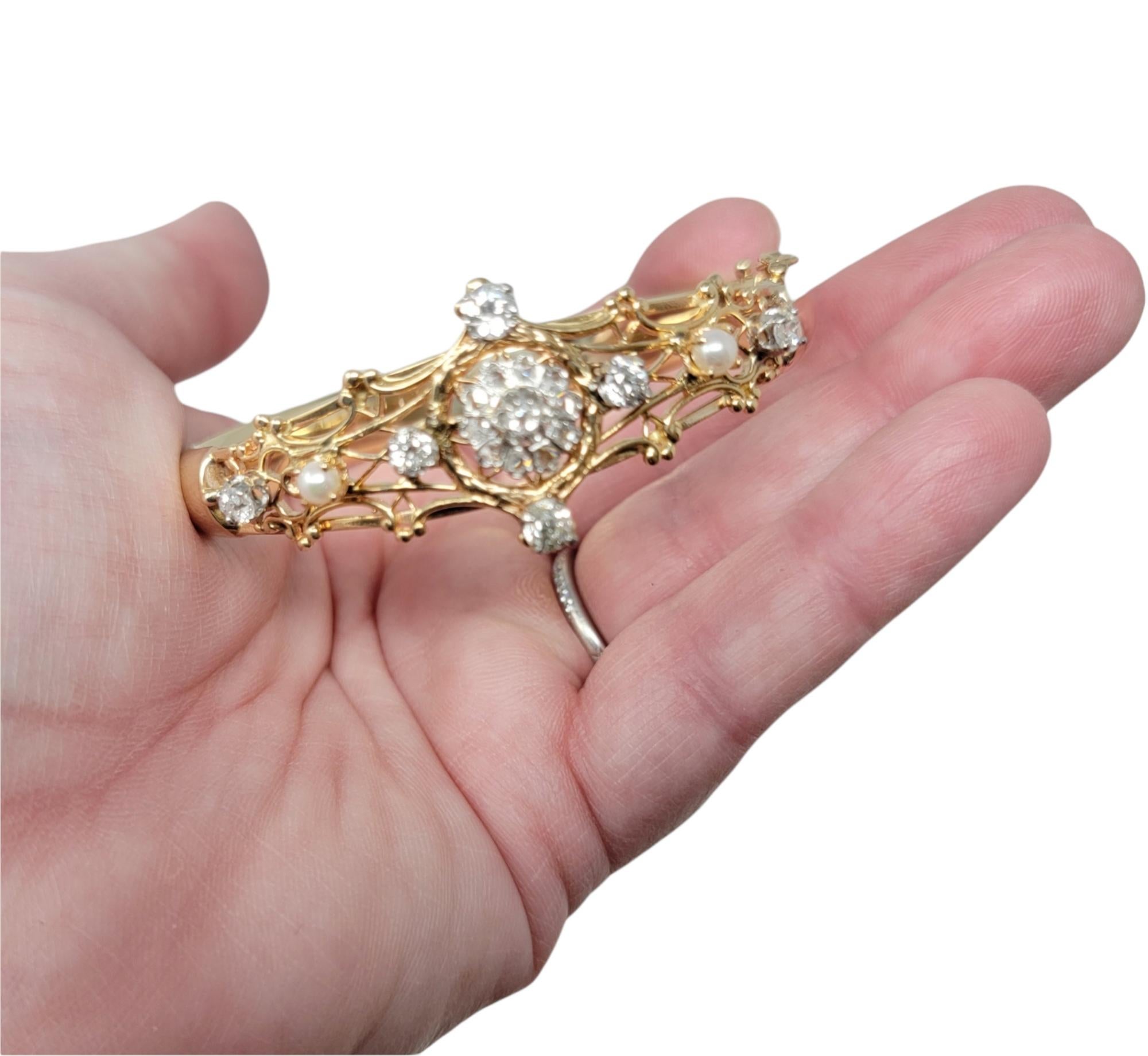 Antique Old European Diamond and Pearl Hinged Bangle Bracelet in 14 Karat Gold 7