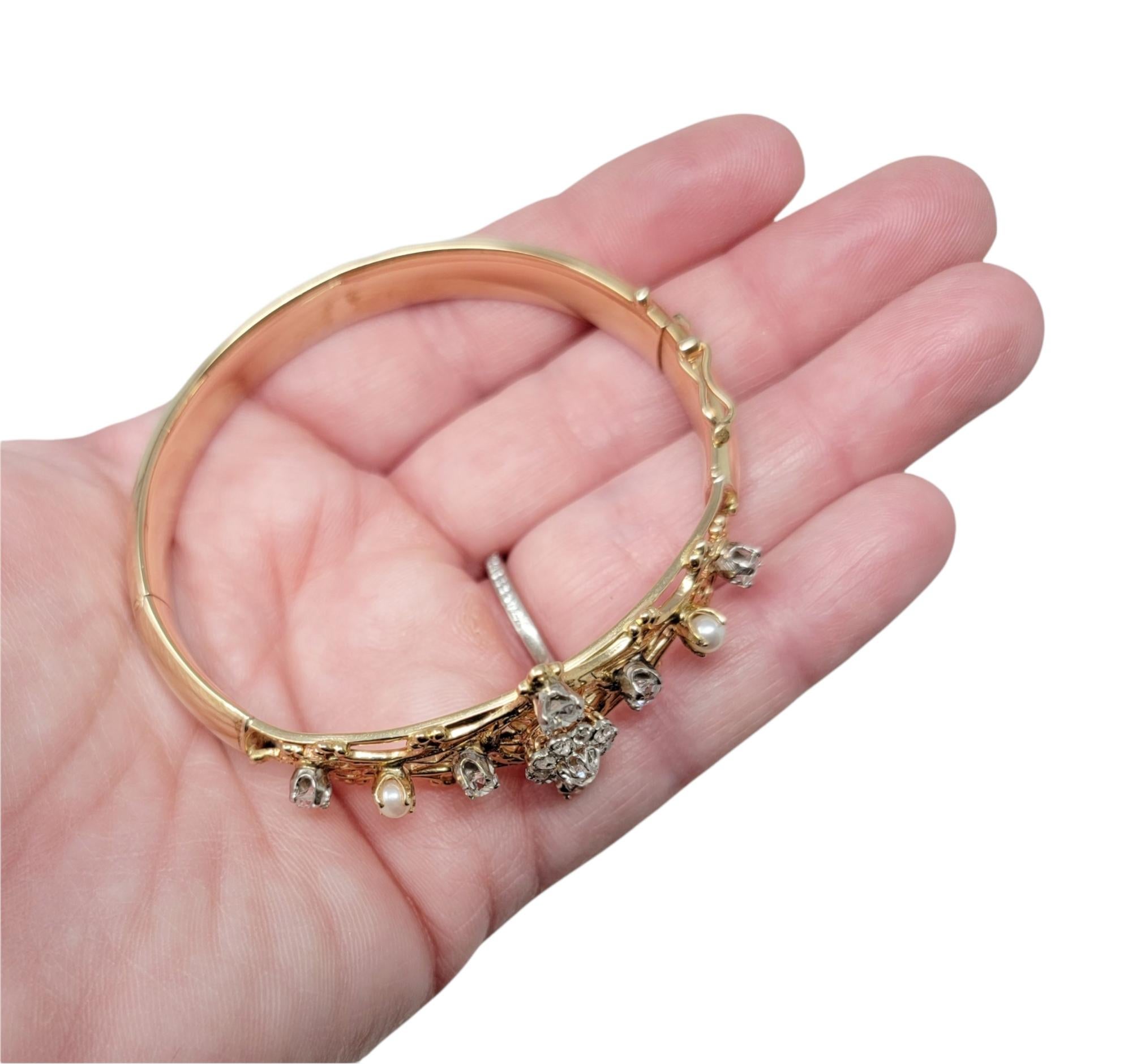 Antique Old European Diamond and Pearl Hinged Bangle Bracelet in 14 Karat Gold 8