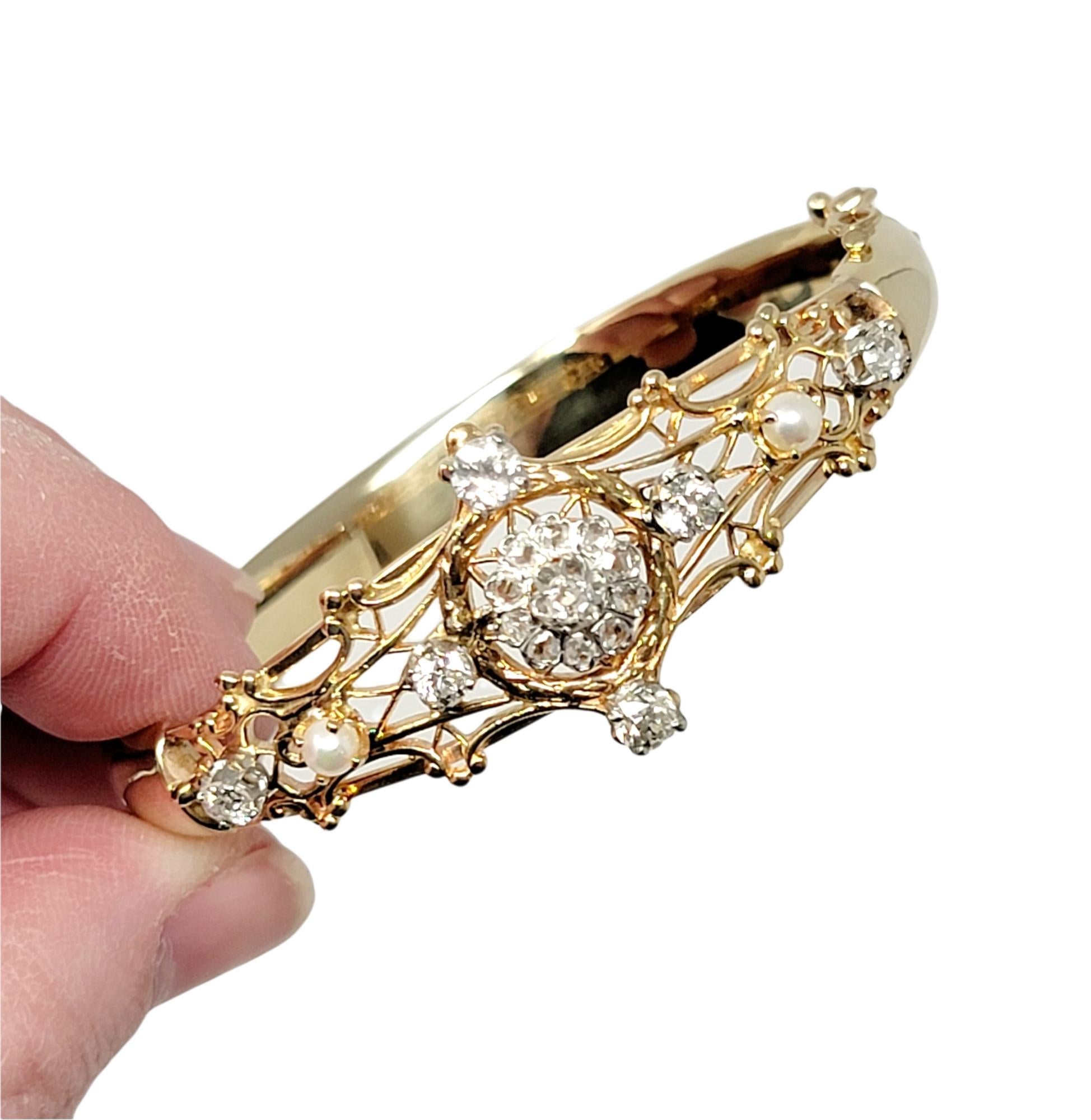 Antique Old European Diamond and Pearl Hinged Bangle Bracelet in 14 Karat Gold 9