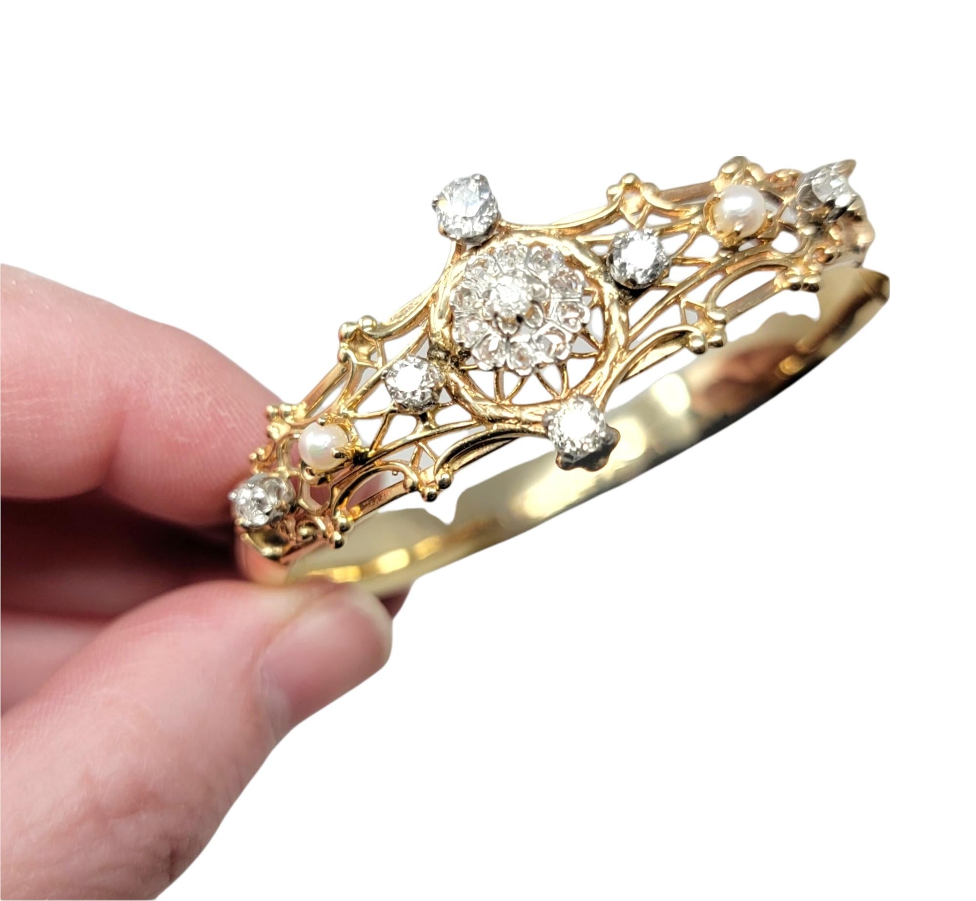 Antique Old European Diamond and Pearl Hinged Bangle Bracelet in 14 Karat Gold 10