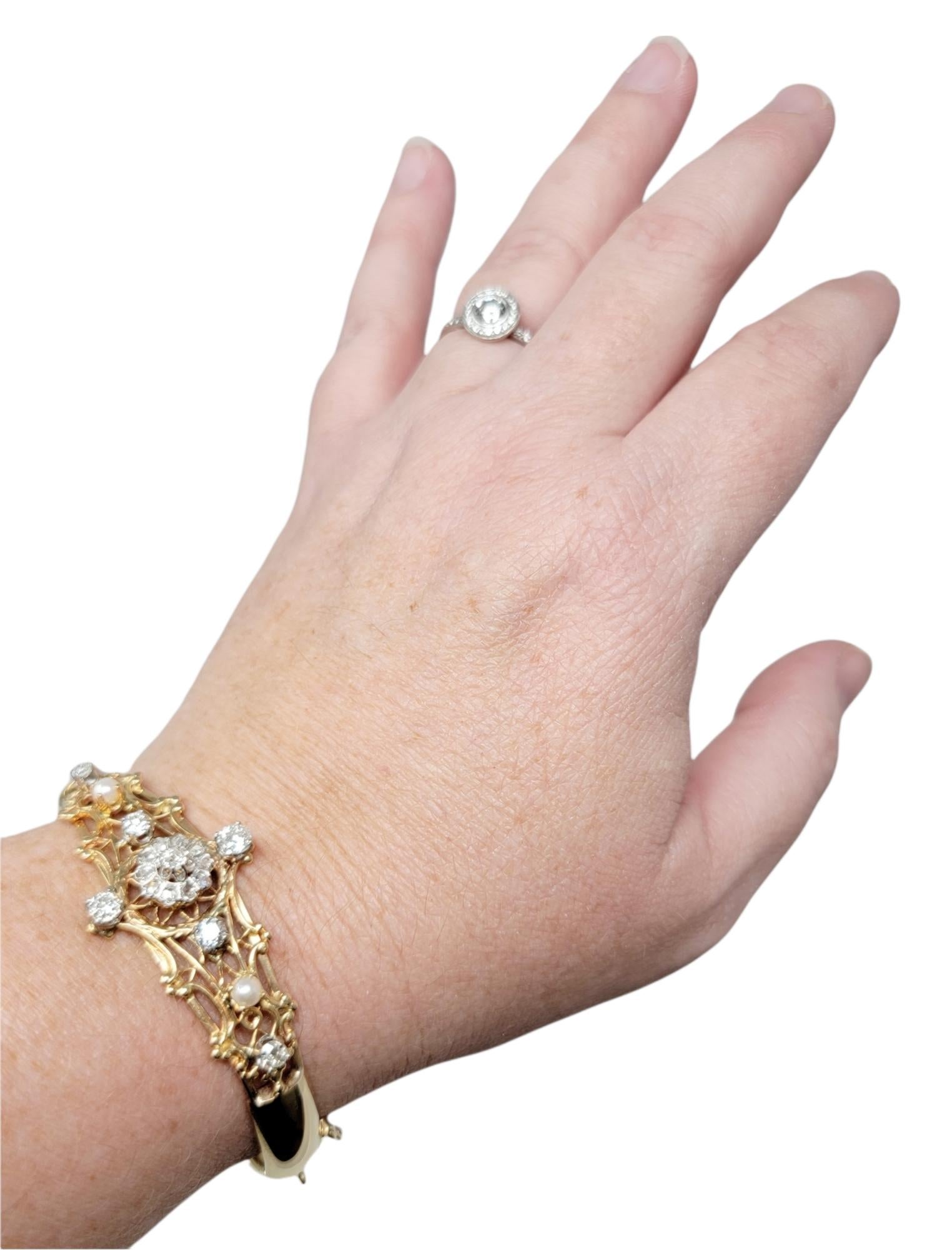 Antique Old European Diamond and Pearl Hinged Bangle Bracelet in 14 Karat Gold 11