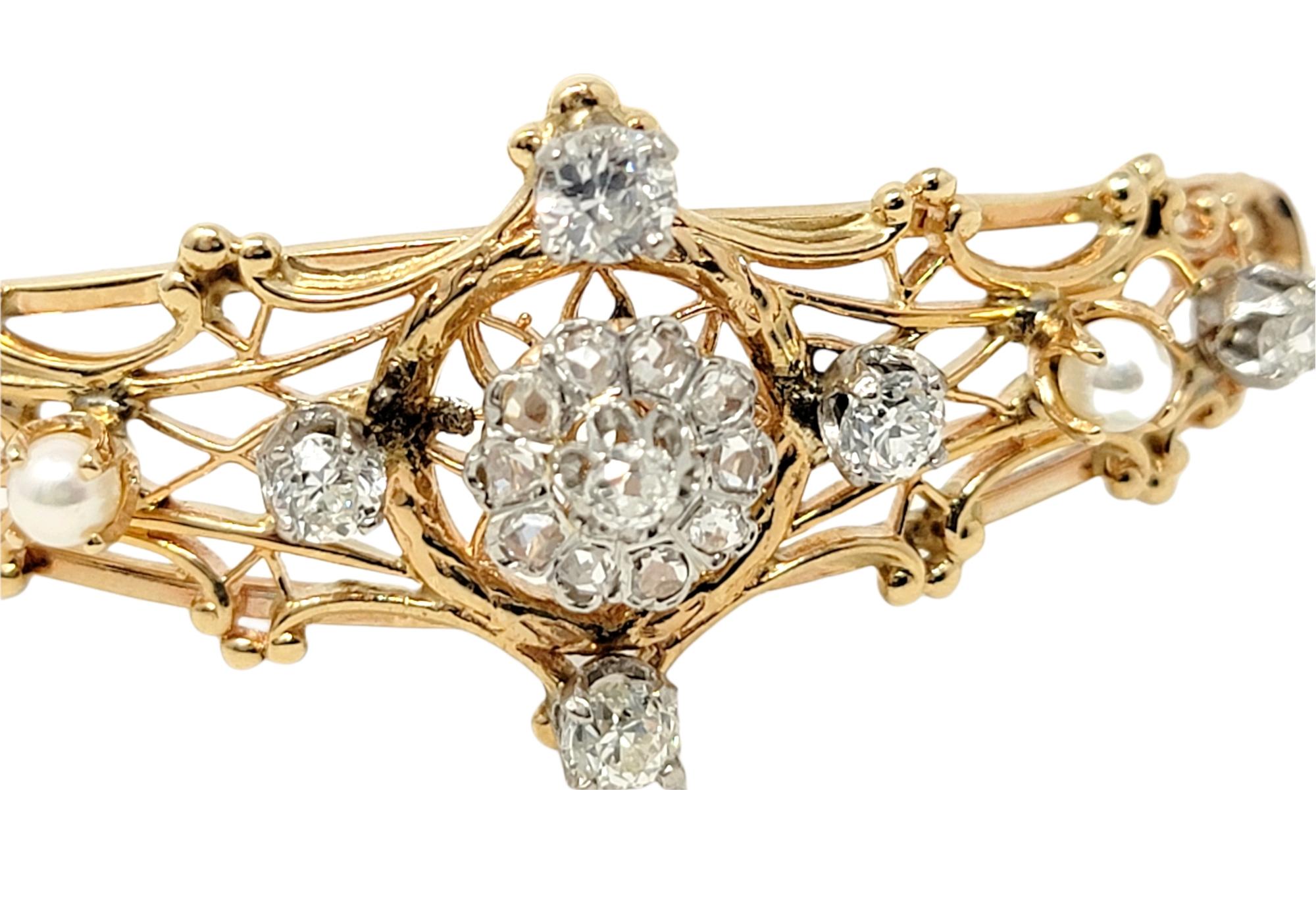 Old European Cut Antique Old European Diamond and Pearl Hinged Bangle Bracelet in 14 Karat Gold