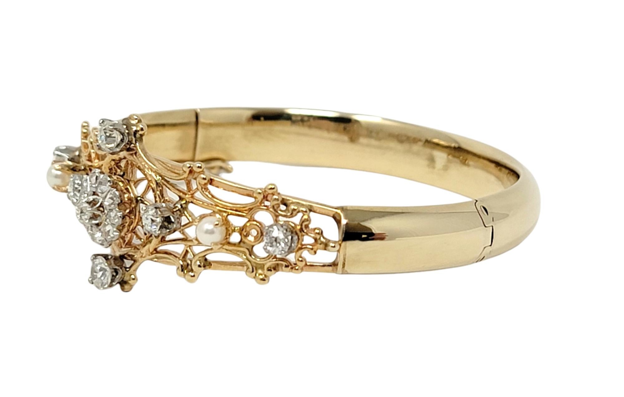 Women's Antique Old European Diamond and Pearl Hinged Bangle Bracelet in 14 Karat Gold