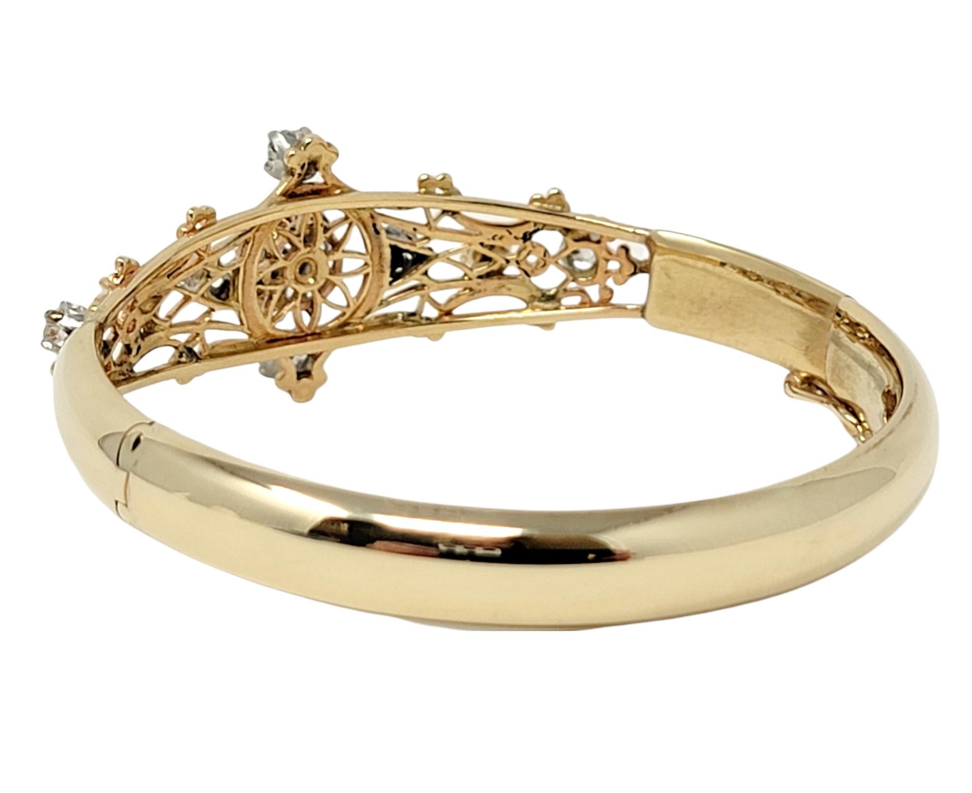 Antique Old European Diamond and Pearl Hinged Bangle Bracelet in 14 Karat Gold 1