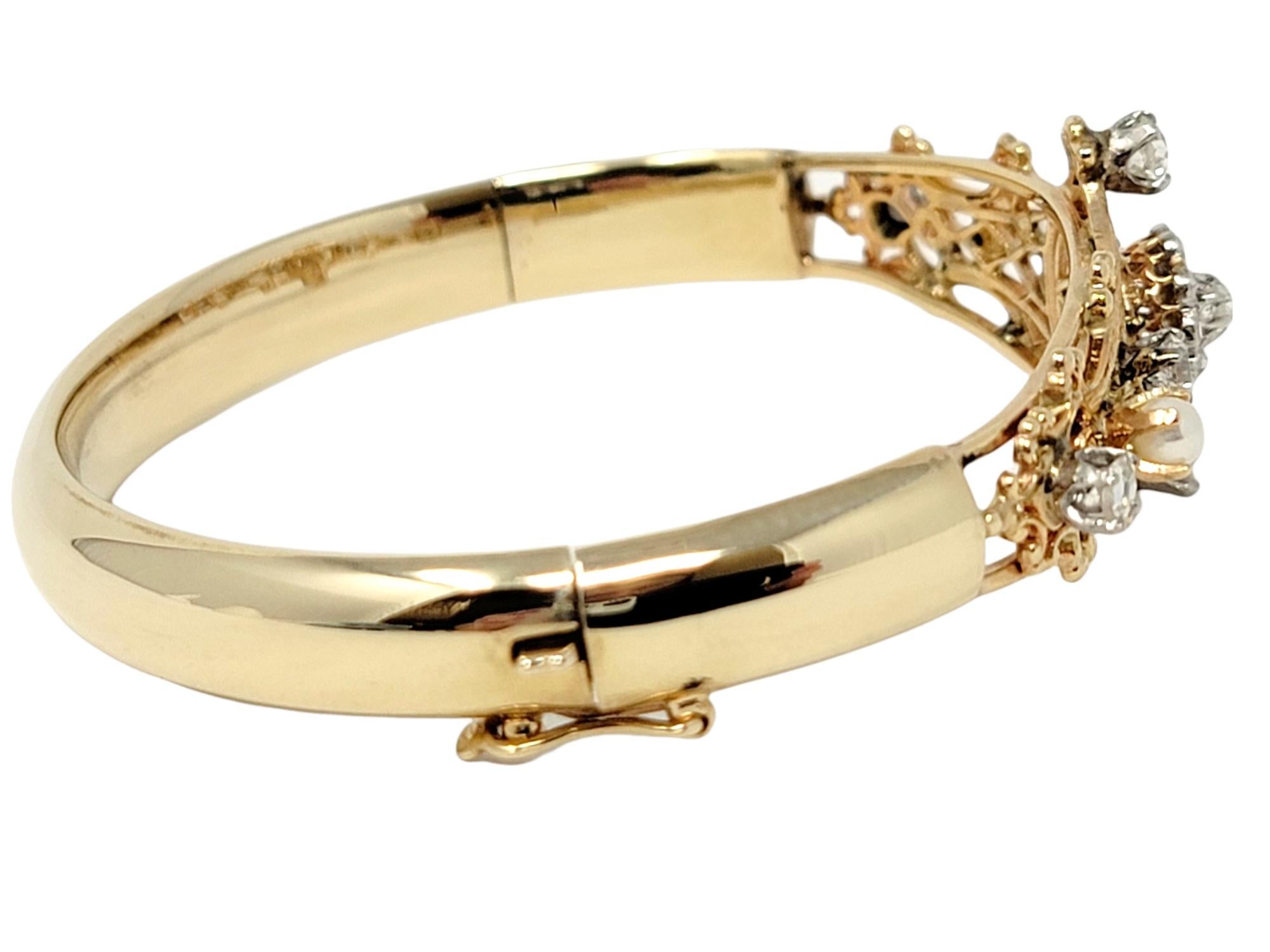 Antique Old European Diamond and Pearl Hinged Bangle Bracelet in 14 Karat Gold 2