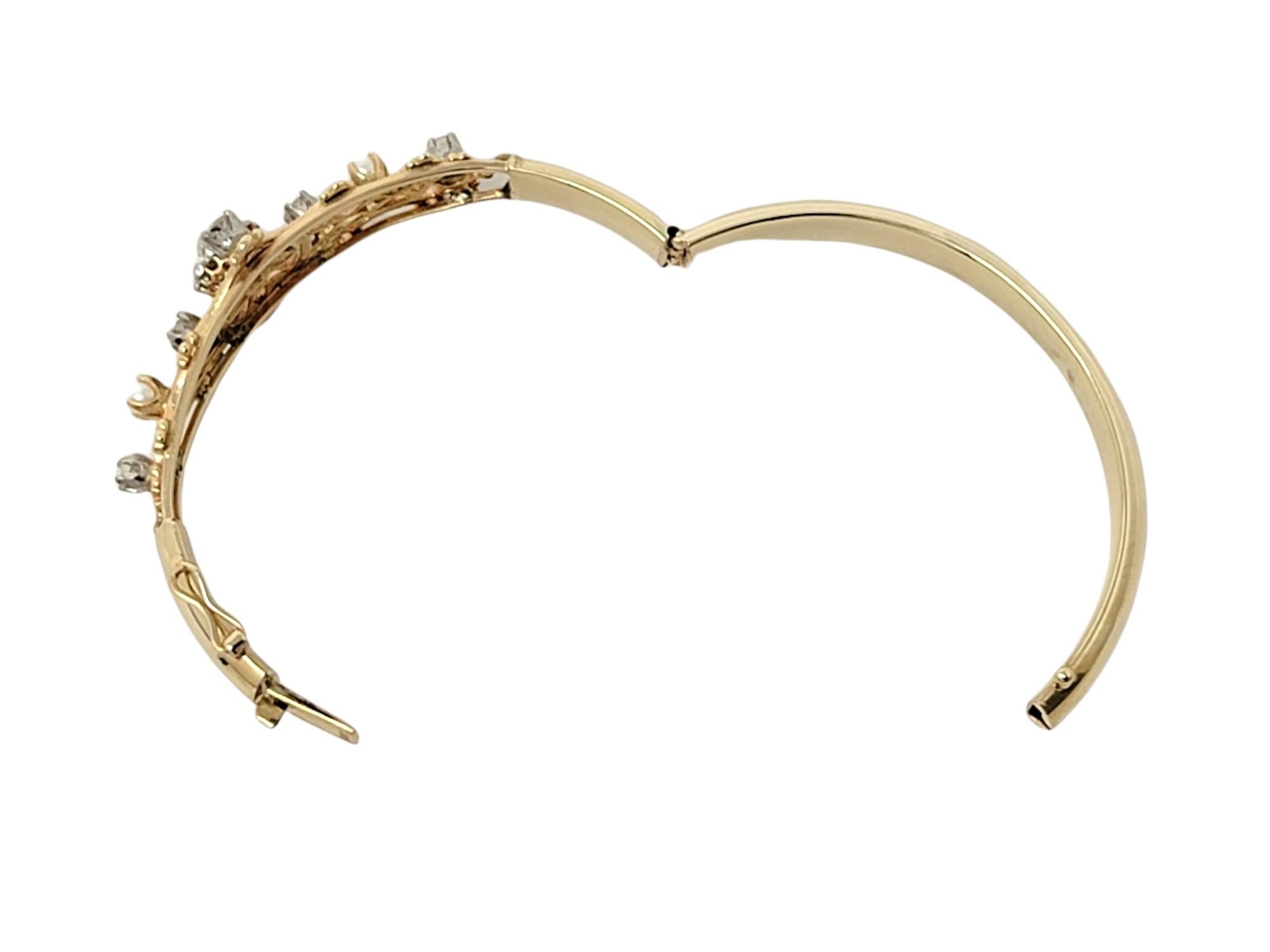 Antique Old European Diamond and Pearl Hinged Bangle Bracelet in 14 Karat Gold 3