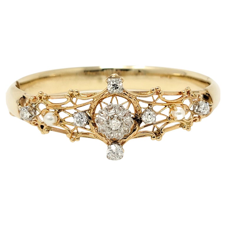 Antique Old European Diamond and Pearl Hinged Bangle Bracelet in 14 ...