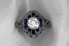 Art Deco Diamond And Sapphire Ring. Old Euro Cut Diamond Ring Platinum Filigree